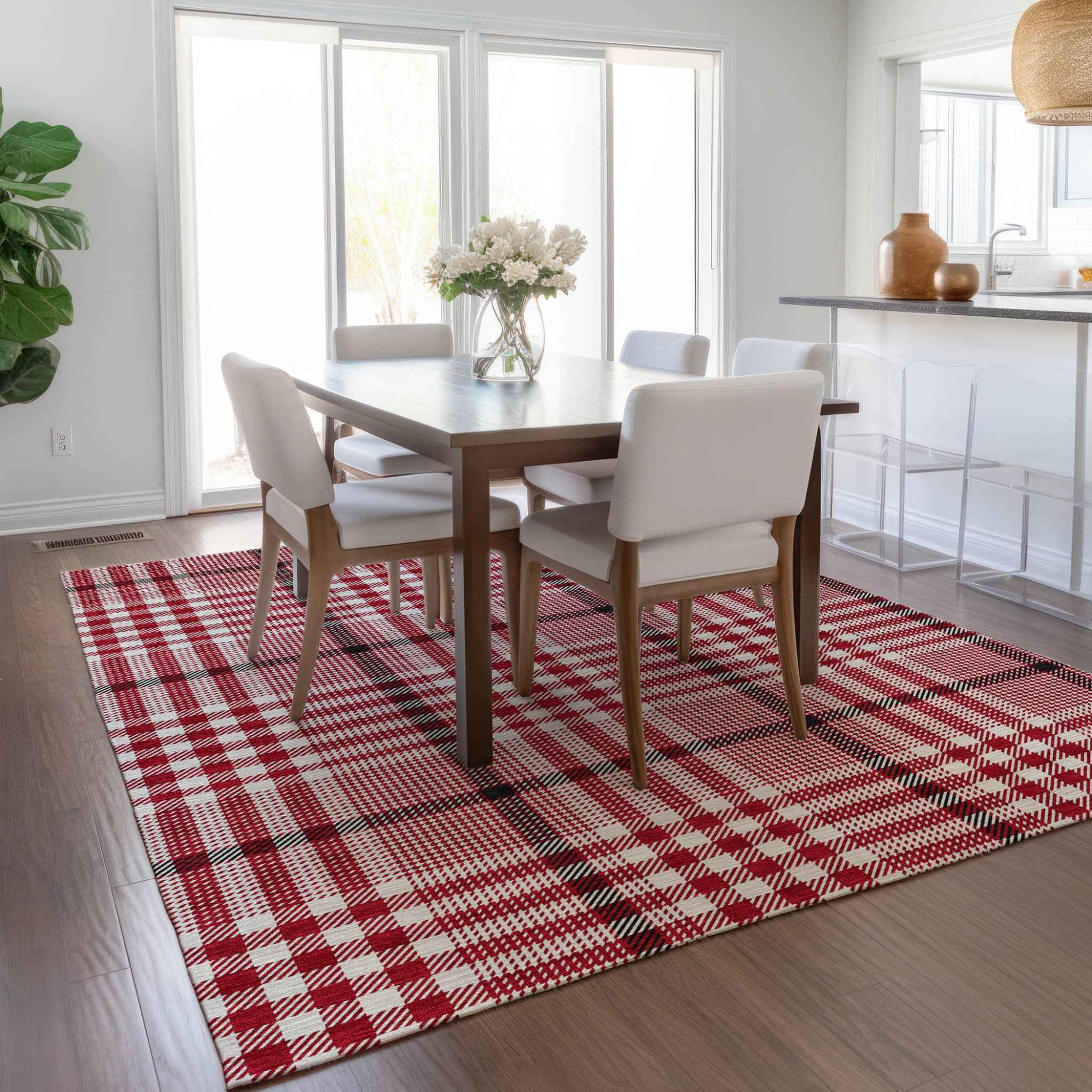 9' X 12' Red Black And Ivory Plaid Washable Indoor Outdoor Area Rug