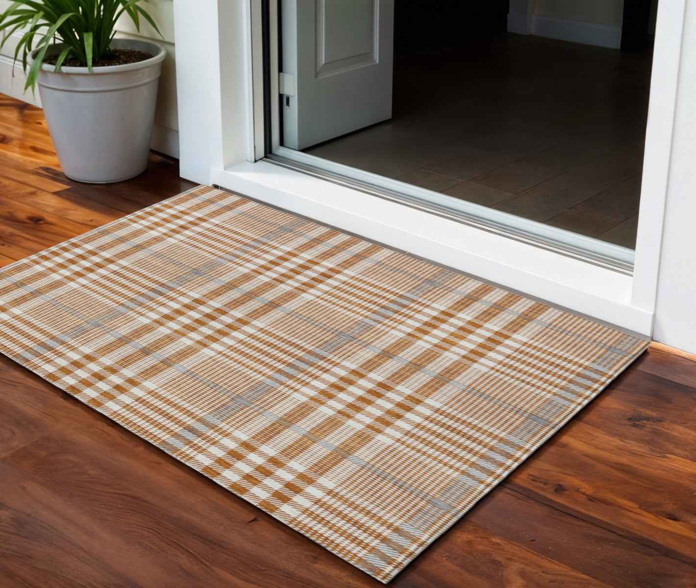 3' X 5' Brown Beige And Beige Plaid Washable Indoor Outdoor Area Rug