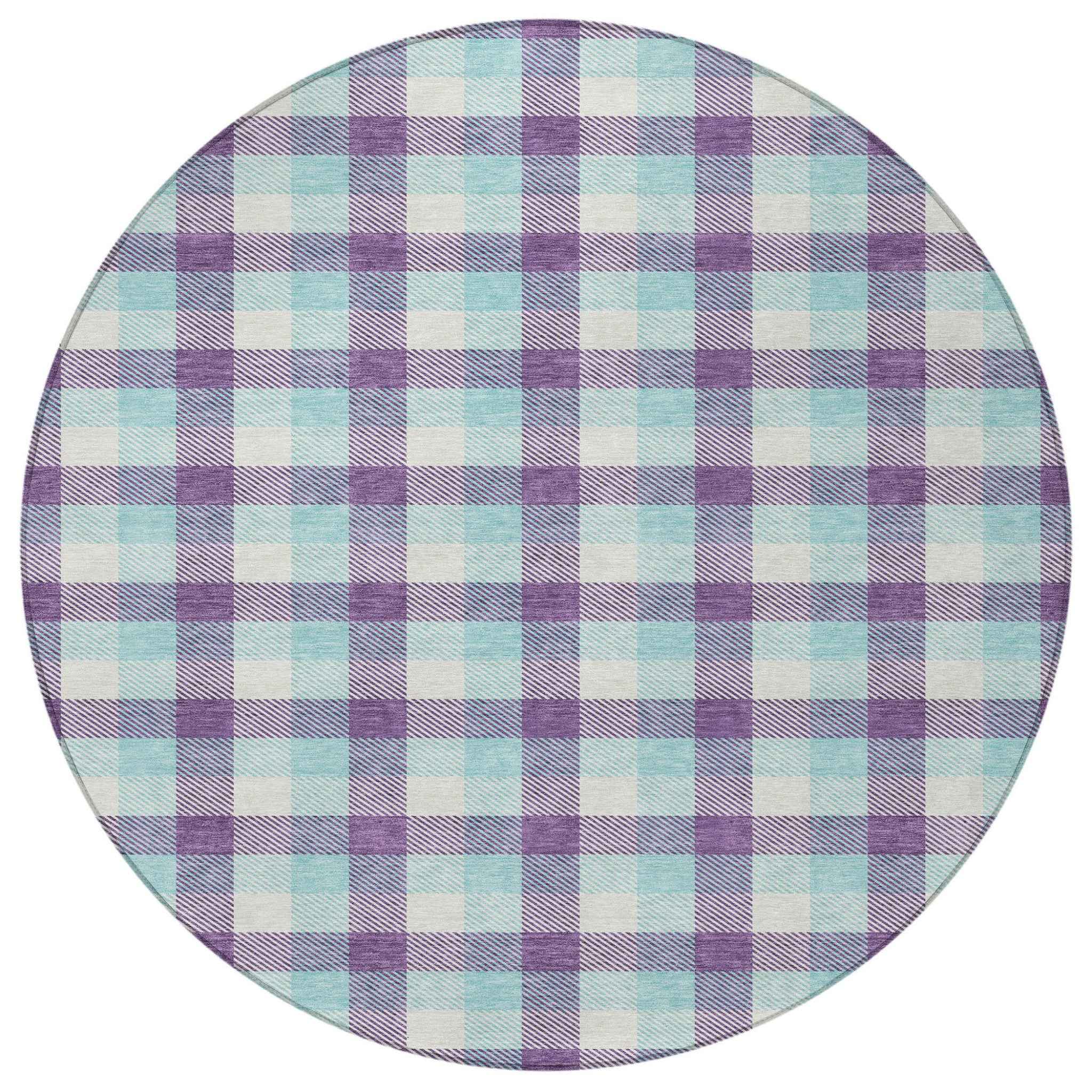 8' Purple Aqua And Beige Round Plaid Washable Indoor Outdoor Area Rug
