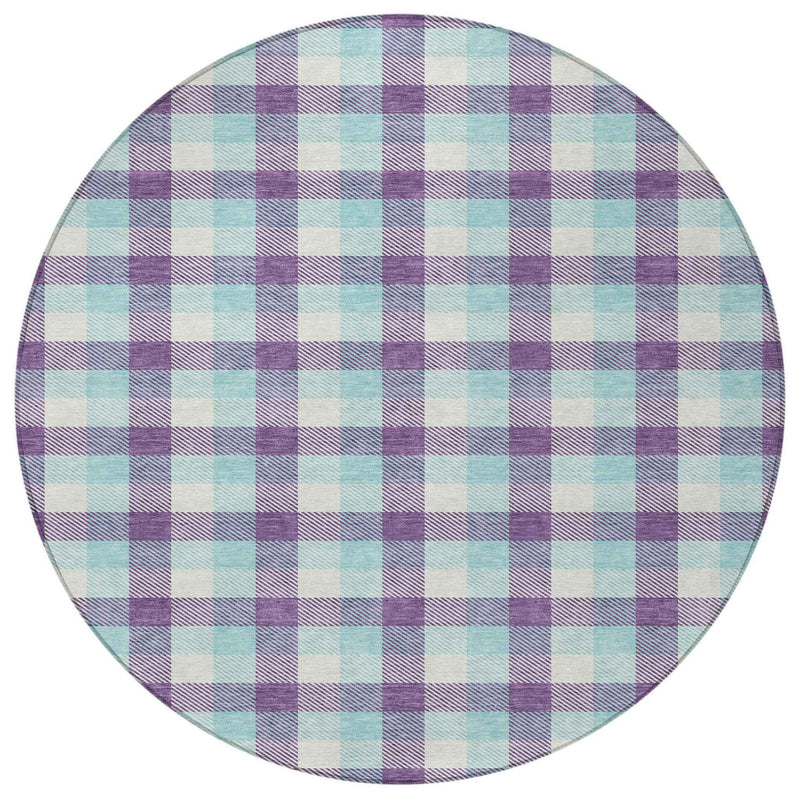 8' Purple Aqua And Beige Round Plaid Washable Indoor Outdoor Area Rug
