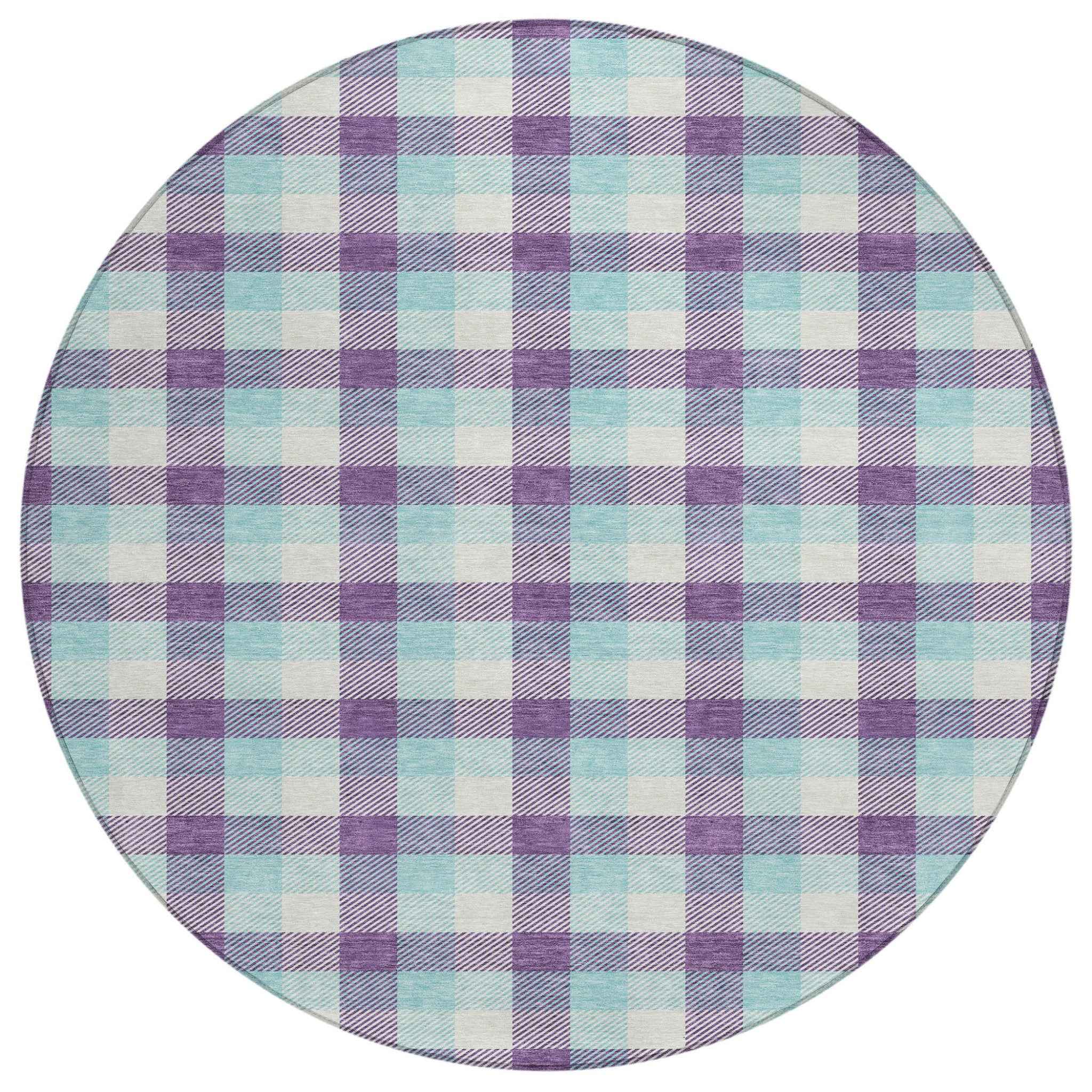 8' Purple Aqua And Beige Round Plaid Washable Indoor Outdoor Area Rug