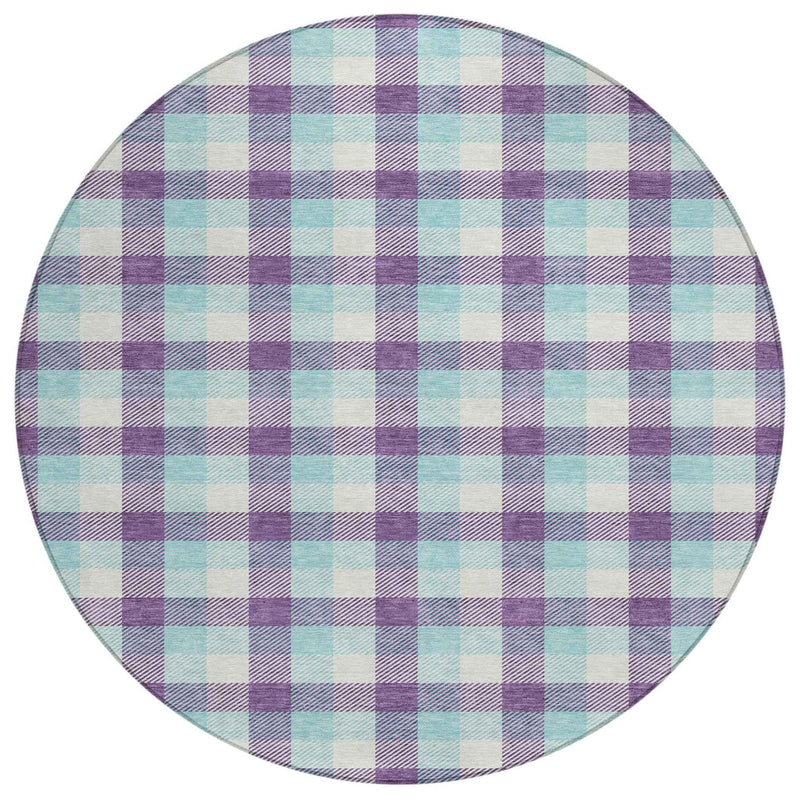 8' Purple Aqua And Beige Round Plaid Washable Indoor Outdoor Area Rug