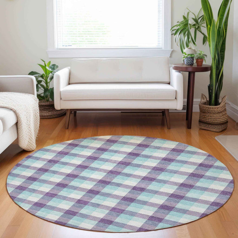 8' Purple Aqua And Beige Round Plaid Washable Indoor Outdoor Area Rug