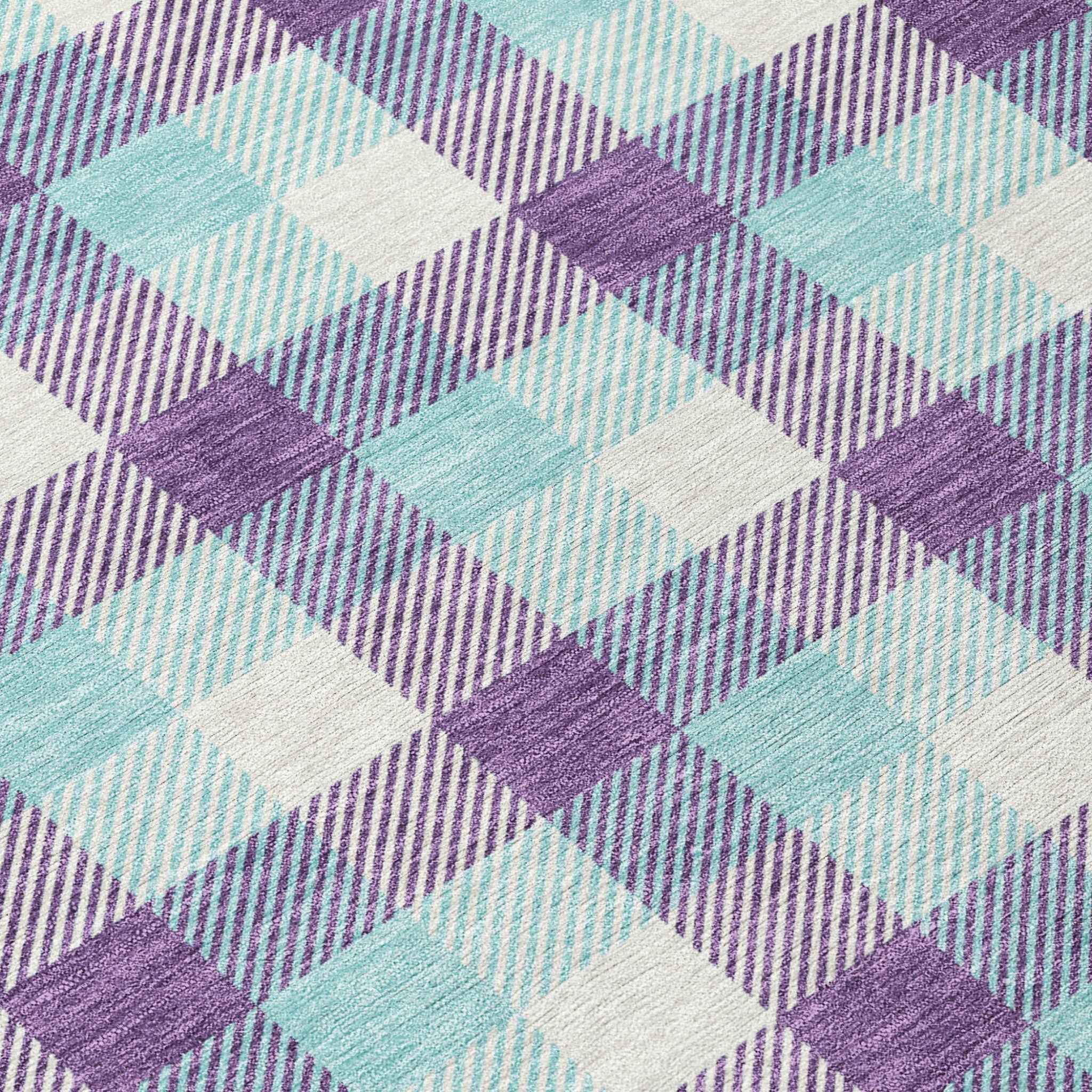 8' Purple Aqua And Beige Round Plaid Washable Indoor Outdoor Area Rug