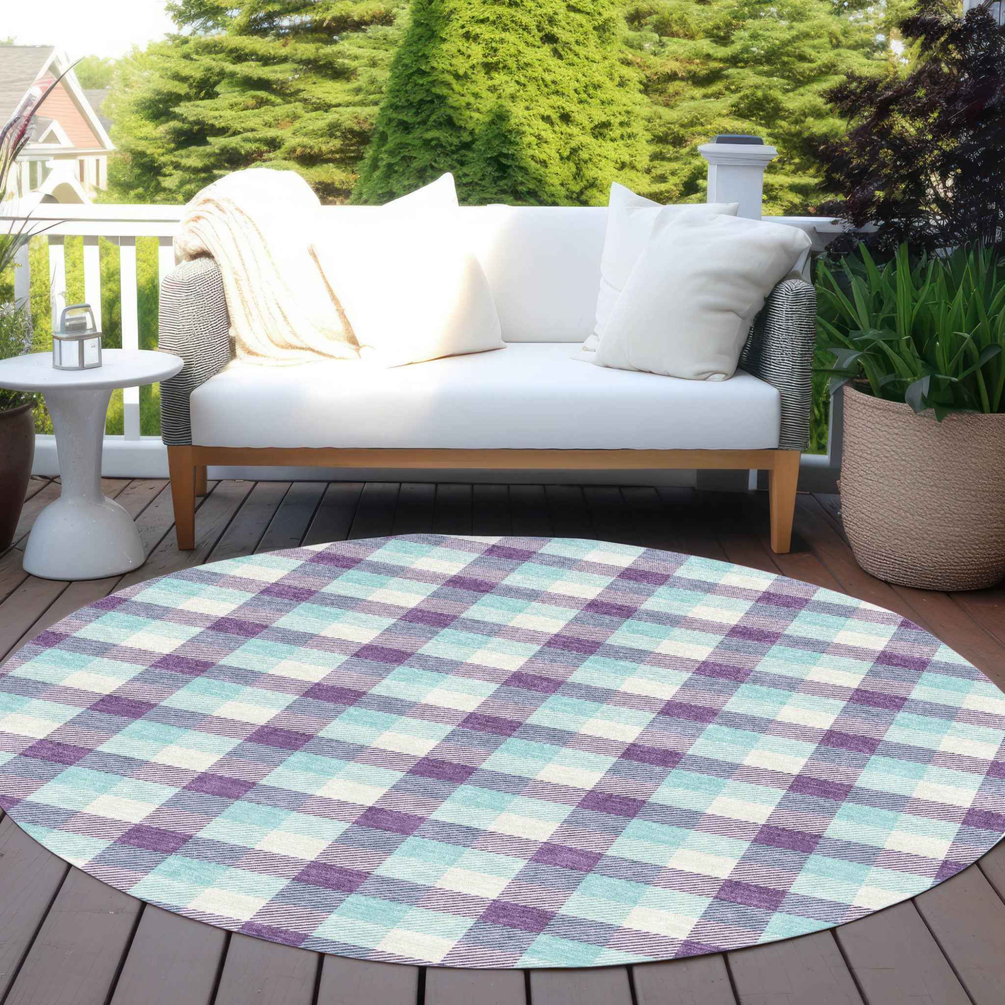 8' Purple Aqua And Beige Round Plaid Washable Indoor Outdoor Area Rug
