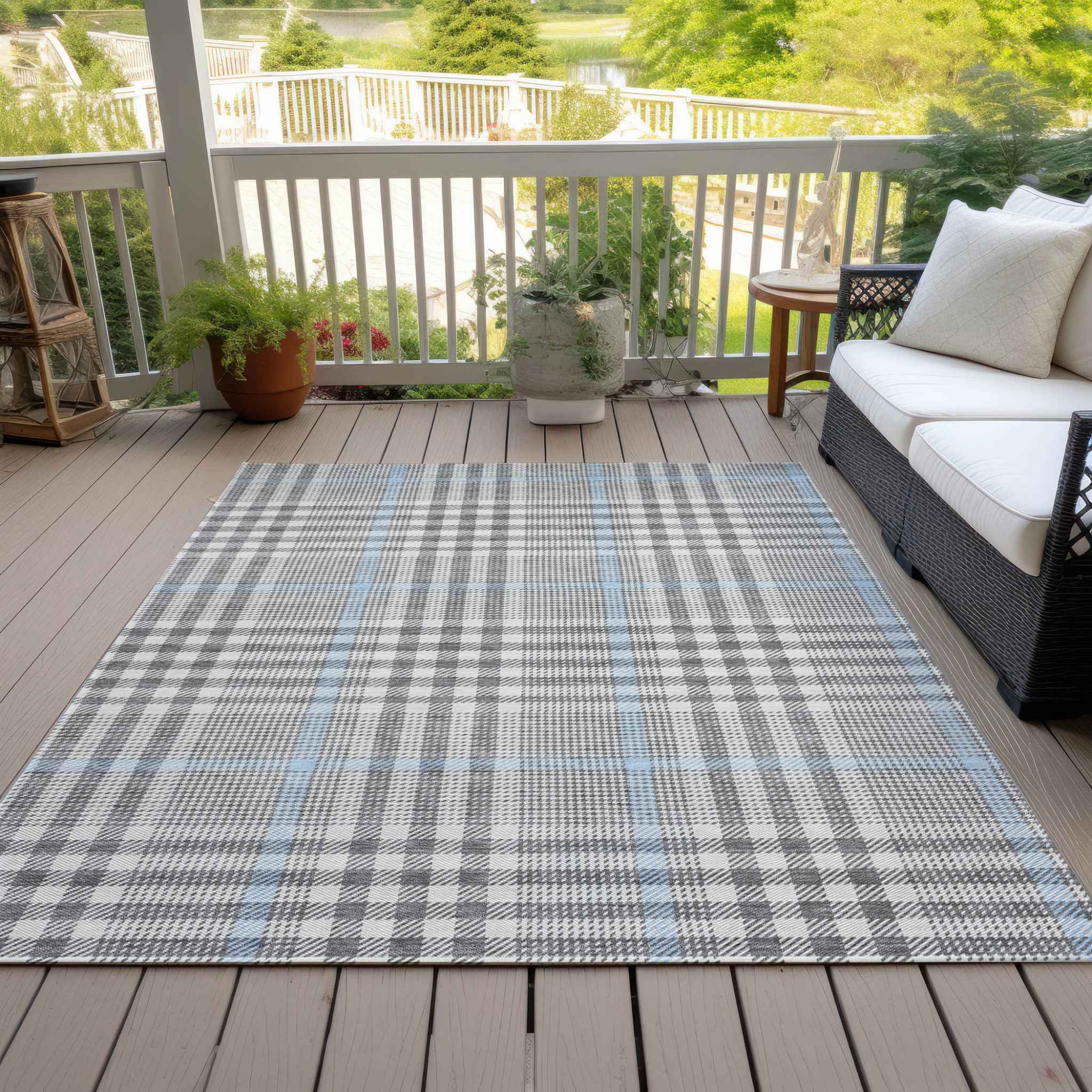 8' X 10' Gray Blue And Beige Plaid Washable Indoor Outdoor Area Rug
