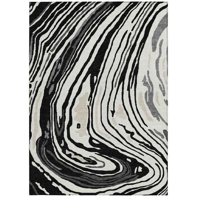 9' X 12' Black Gray And Ivory Abstract Washable Indoor Outdoor Area Rug