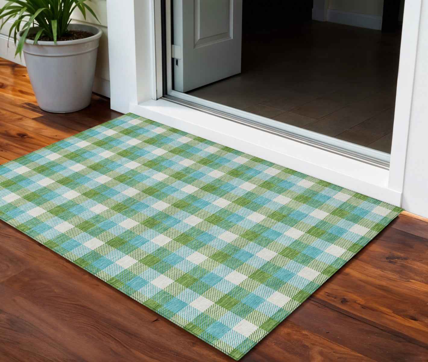 3' X 5' Lime Green Aqua And Beige Plaid Washable Indoor Outdoor Area Rug
