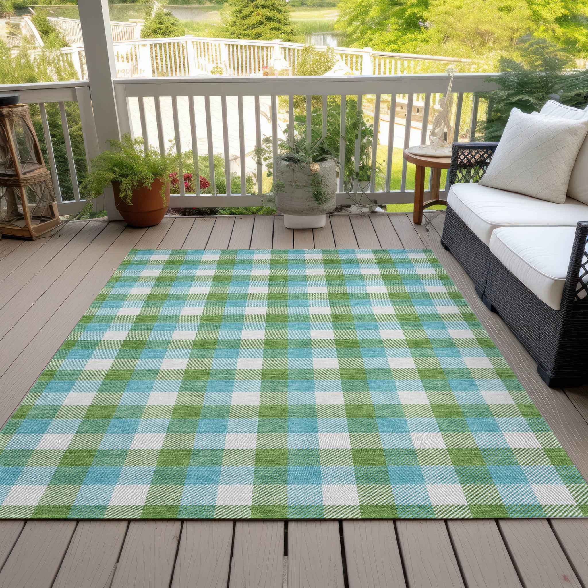 3' X 5' Lime Green Aqua And Beige Plaid Washable Indoor Outdoor Area Rug