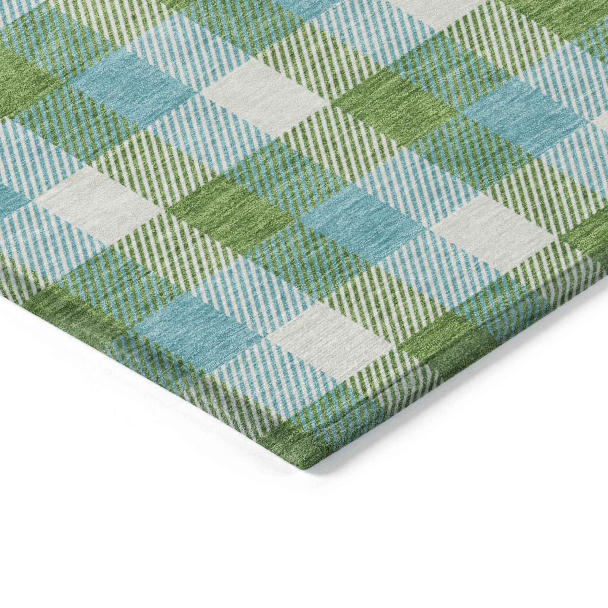 3' X 5' Lime Green Aqua And Beige Plaid Washable Indoor Outdoor Area Rug