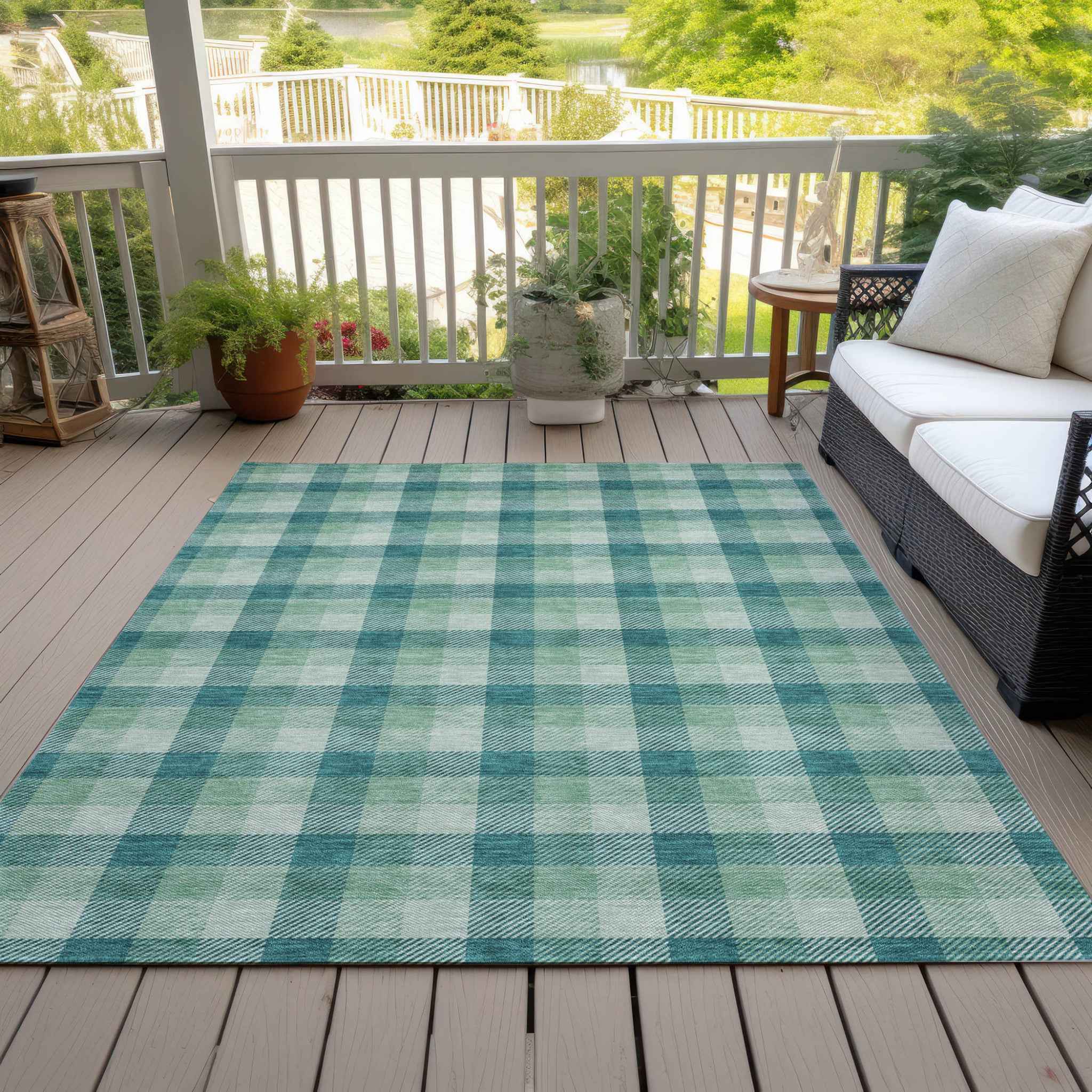 8' X 10' Blue And Green Plaid Washable Indoor Outdoor Area Rug