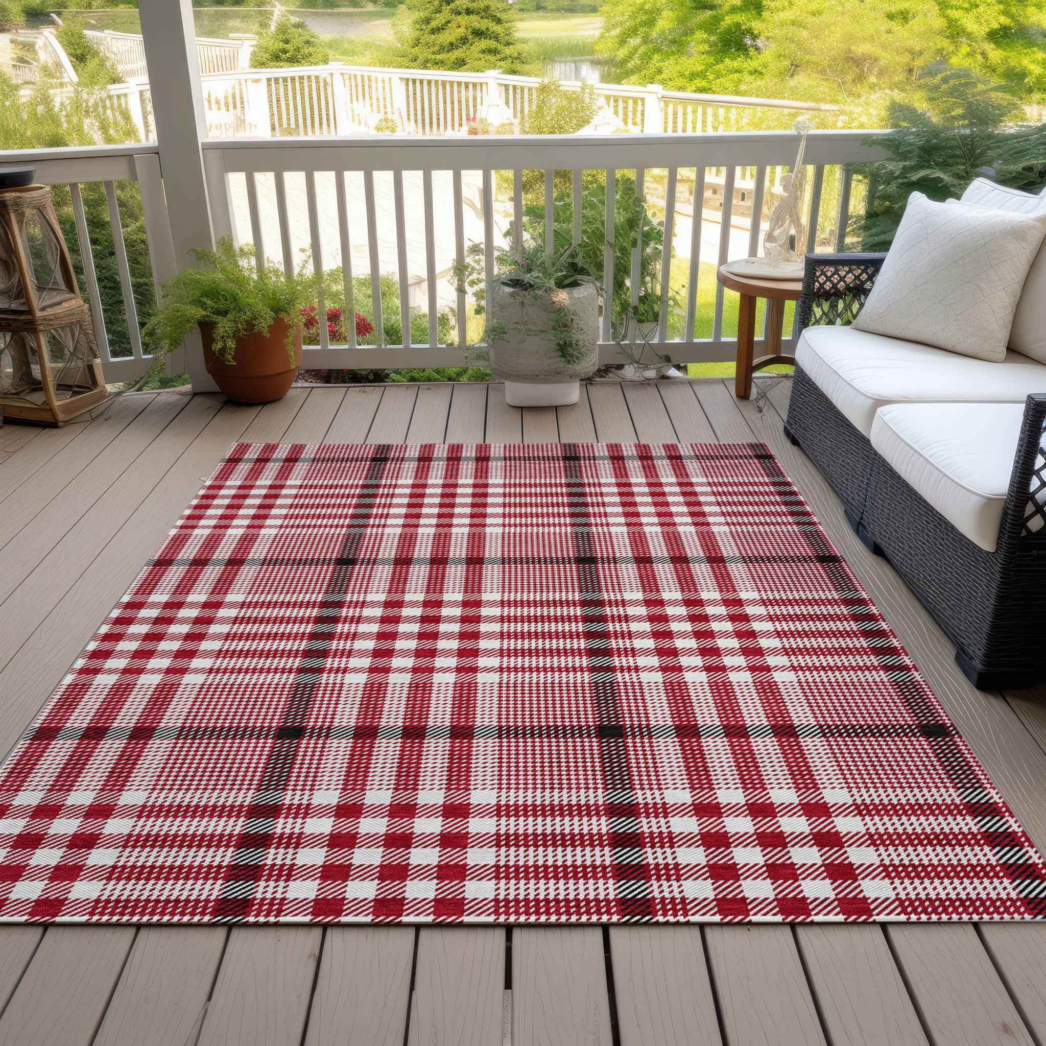 8' X 10' Red Black And Ivory Plaid Washable Indoor Outdoor Area Rug