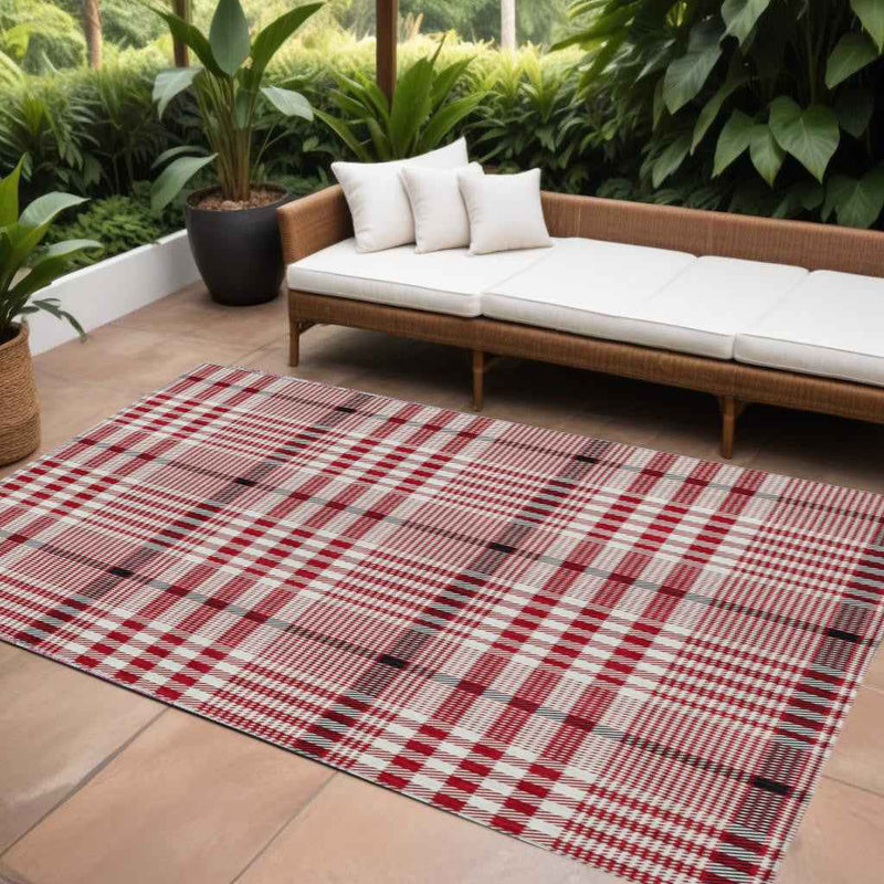 8' X 10' Red Black And Ivory Plaid Washable Indoor Outdoor Area Rug