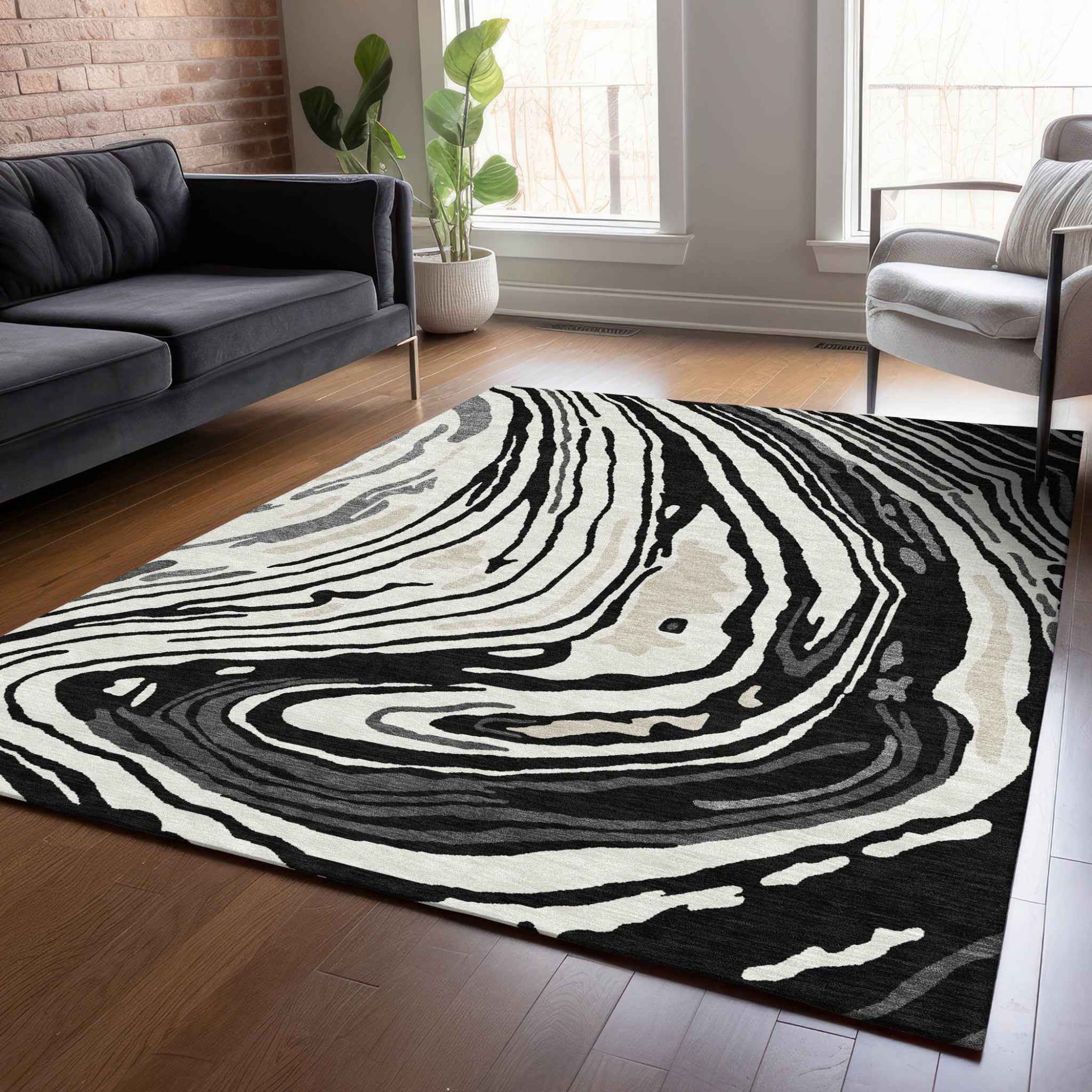 8' X 10' Black Gray And Ivory Abstract Washable Indoor Outdoor Area Rug