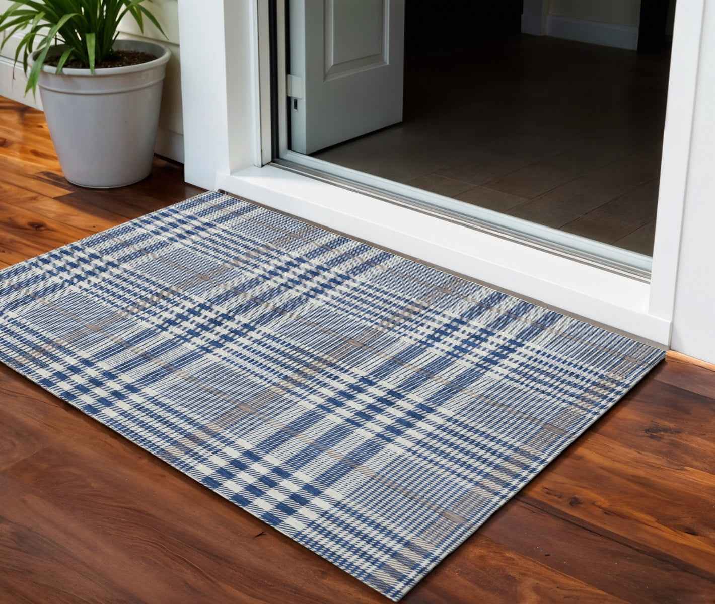 3' X 5' Navy Blue Ivory And Brown Plaid Washable Indoor Outdoor Area Rug