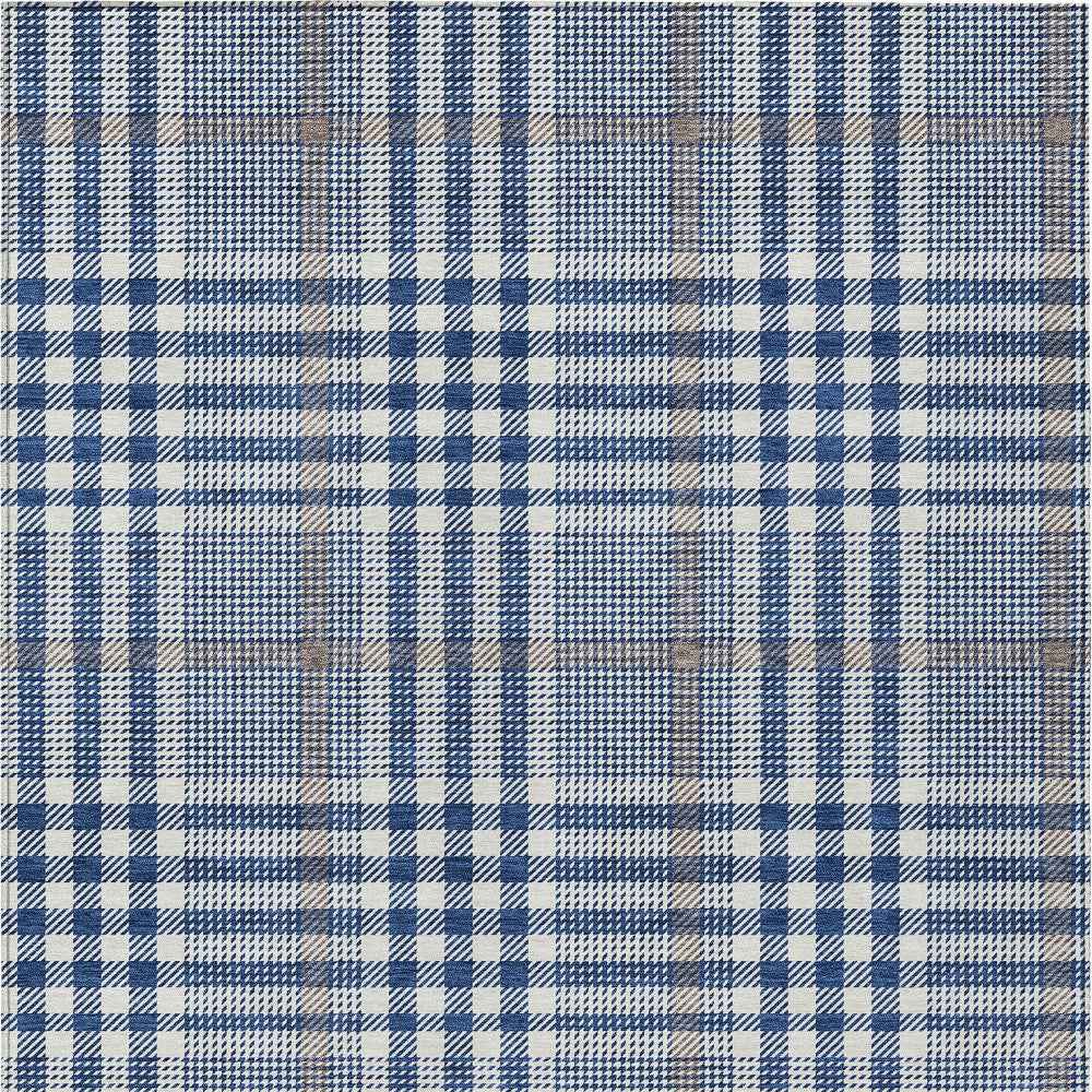 3' X 5' Navy Blue Ivory And Brown Plaid Washable Indoor Outdoor Area Rug