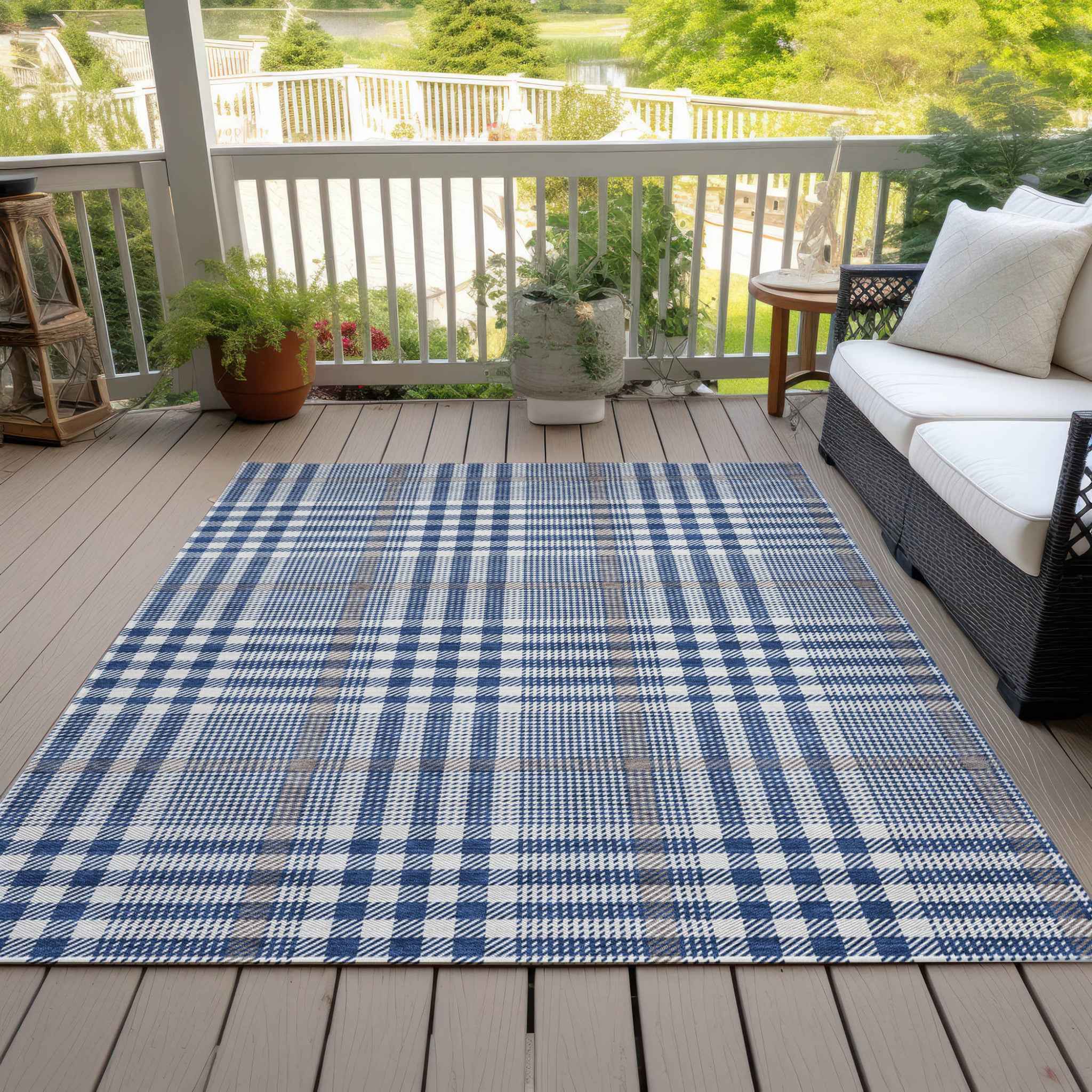3' X 5' Navy Blue Ivory And Brown Plaid Washable Indoor Outdoor Area Rug