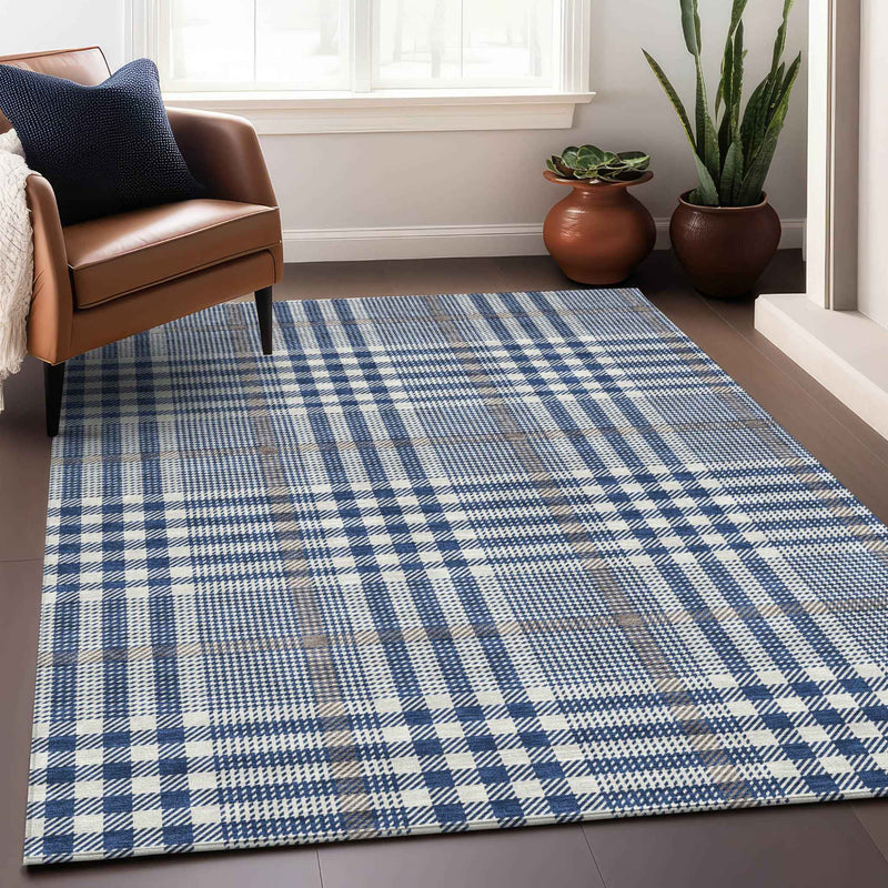 3' X 5' Navy Blue Ivory And Brown Plaid Washable Indoor Outdoor Area Rug