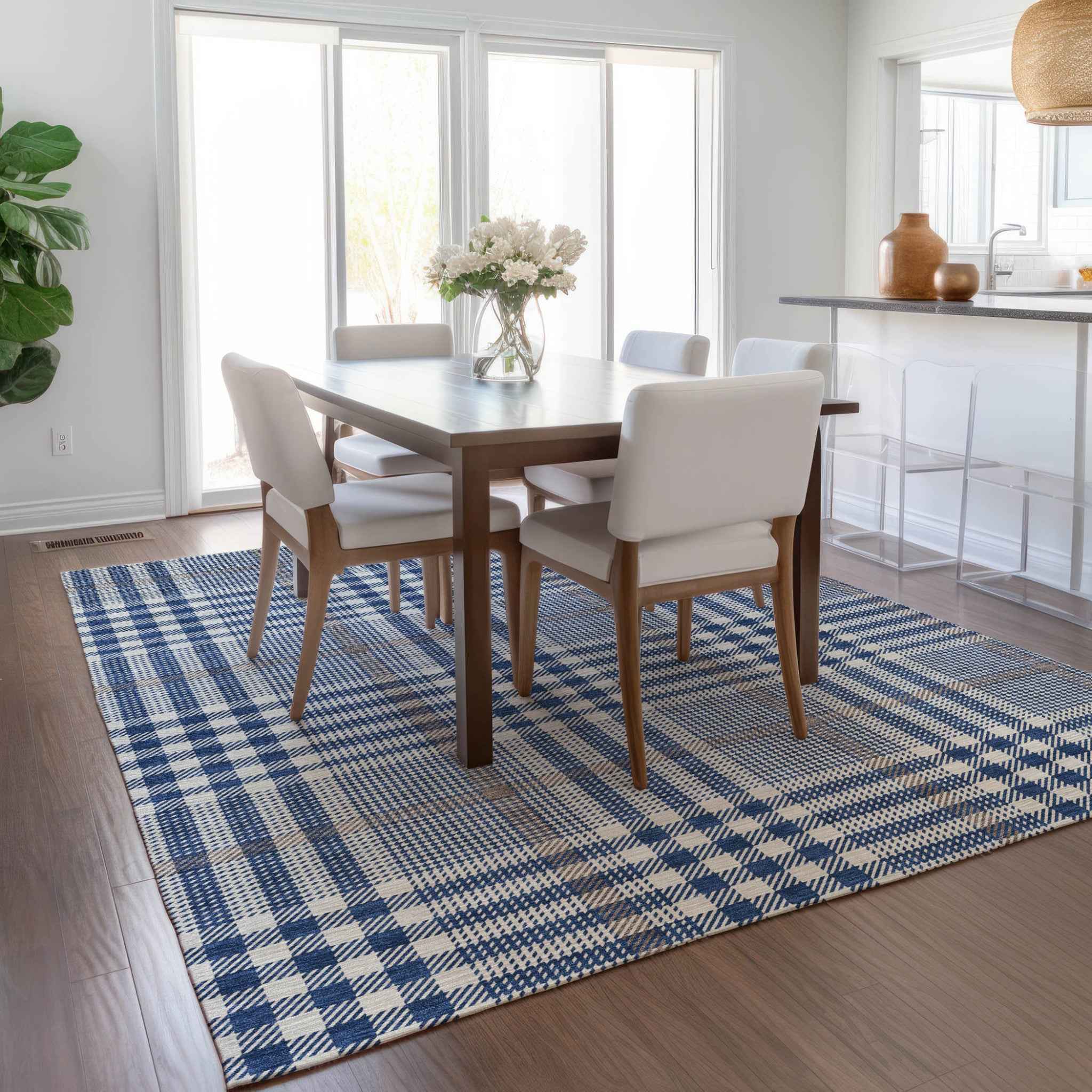 3' X 5' Navy Blue Ivory And Brown Plaid Washable Indoor Outdoor Area Rug