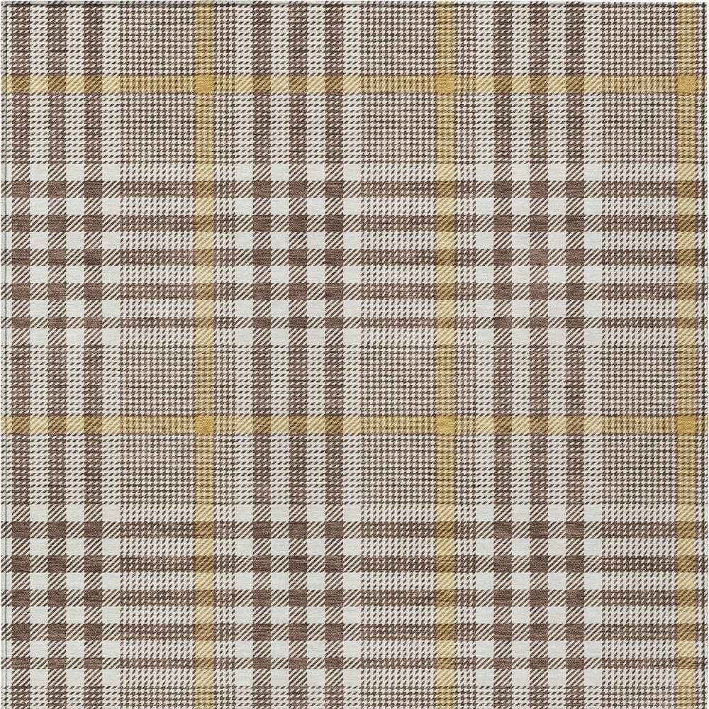 10' X 14' Brown And Beige Plaid Washable Indoor Outdoor Area Rug
