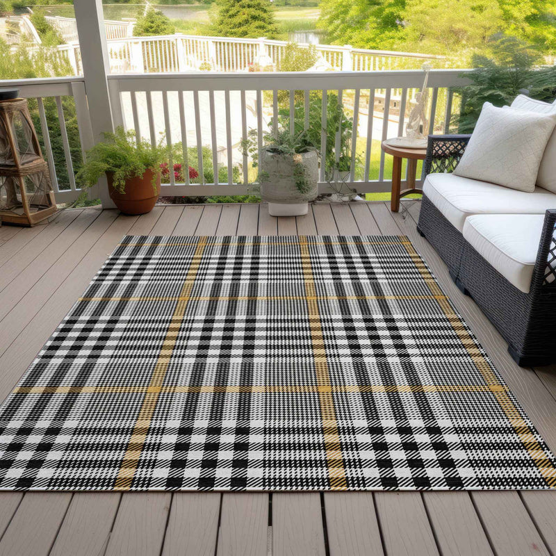 10' X 14' Black Gold And Ivory Plaid Washable Indoor Outdoor Area Rug