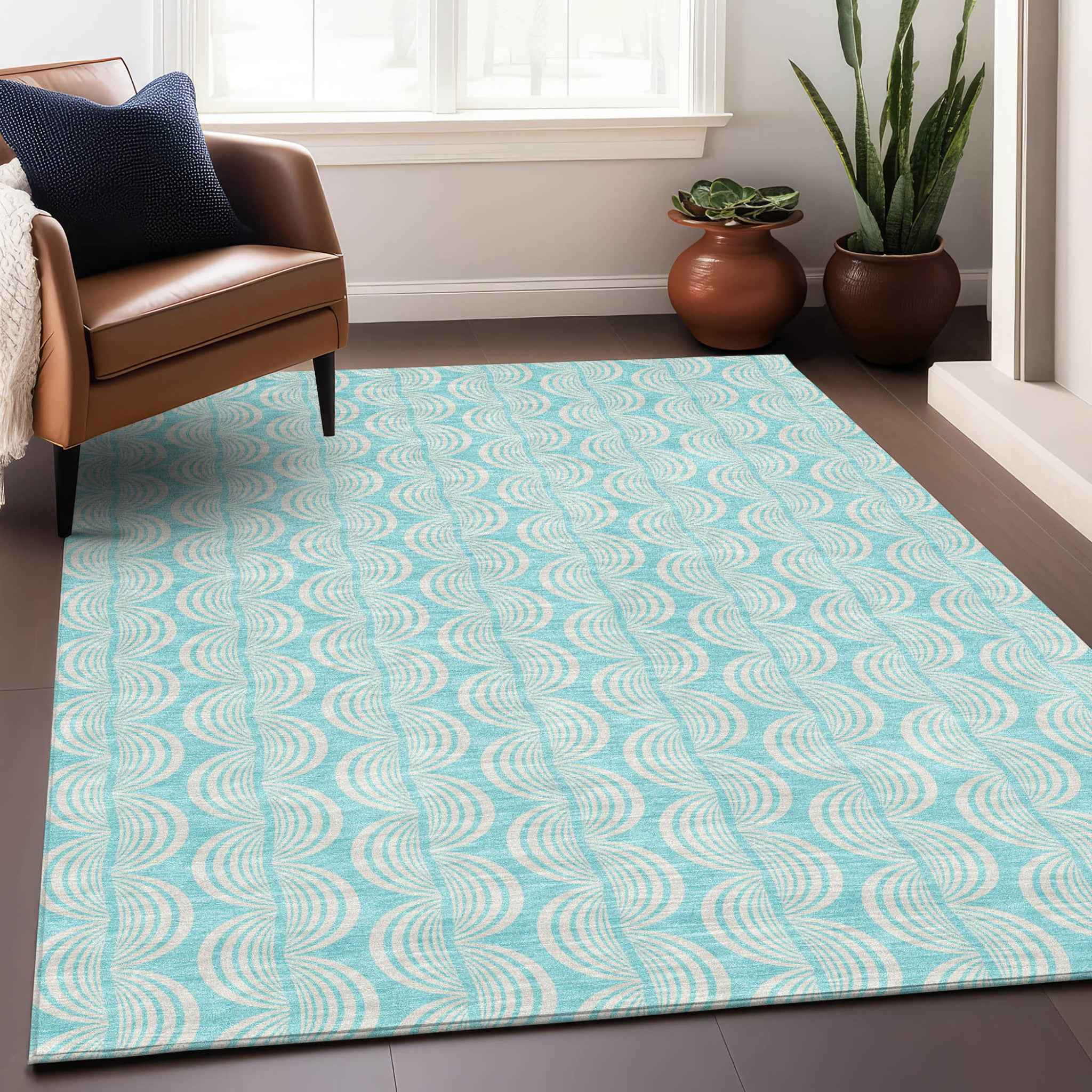 3' X 5' Aqua And Beige Ogee Washable Indoor Outdoor Area Rug