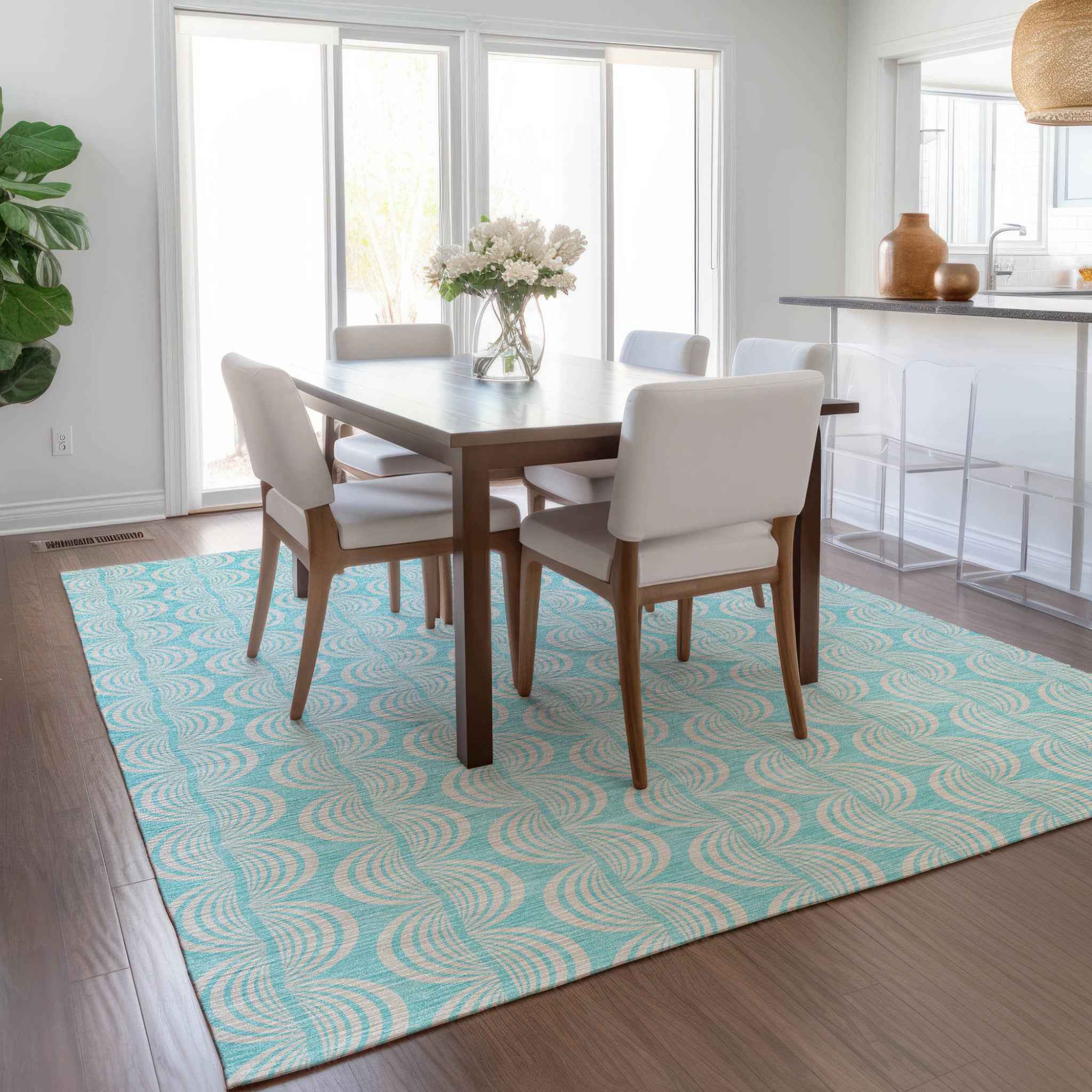 3' X 5' Aqua And Beige Ogee Washable Indoor Outdoor Area Rug