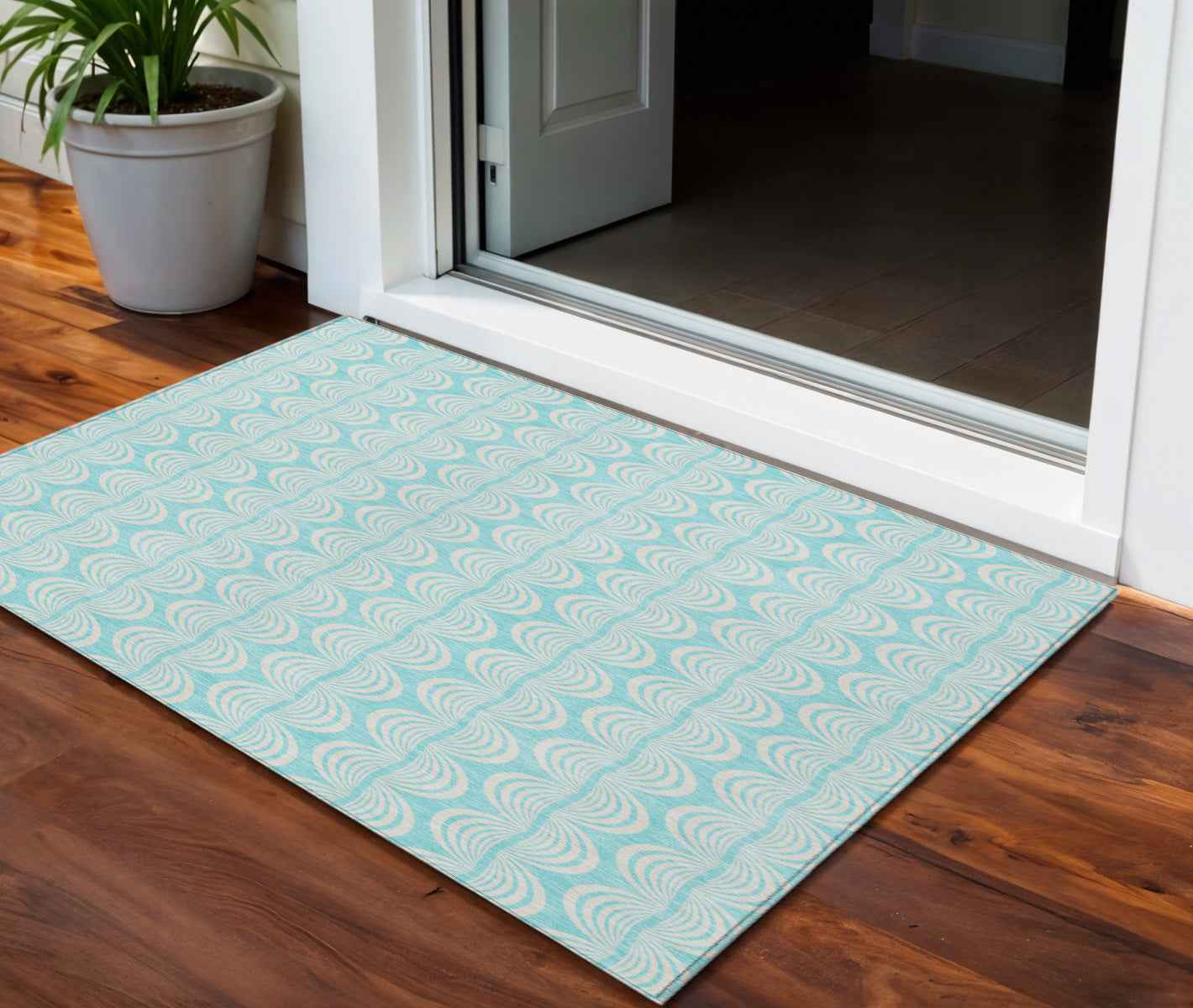 3' X 5' Aqua And Beige Ogee Washable Indoor Outdoor Area Rug