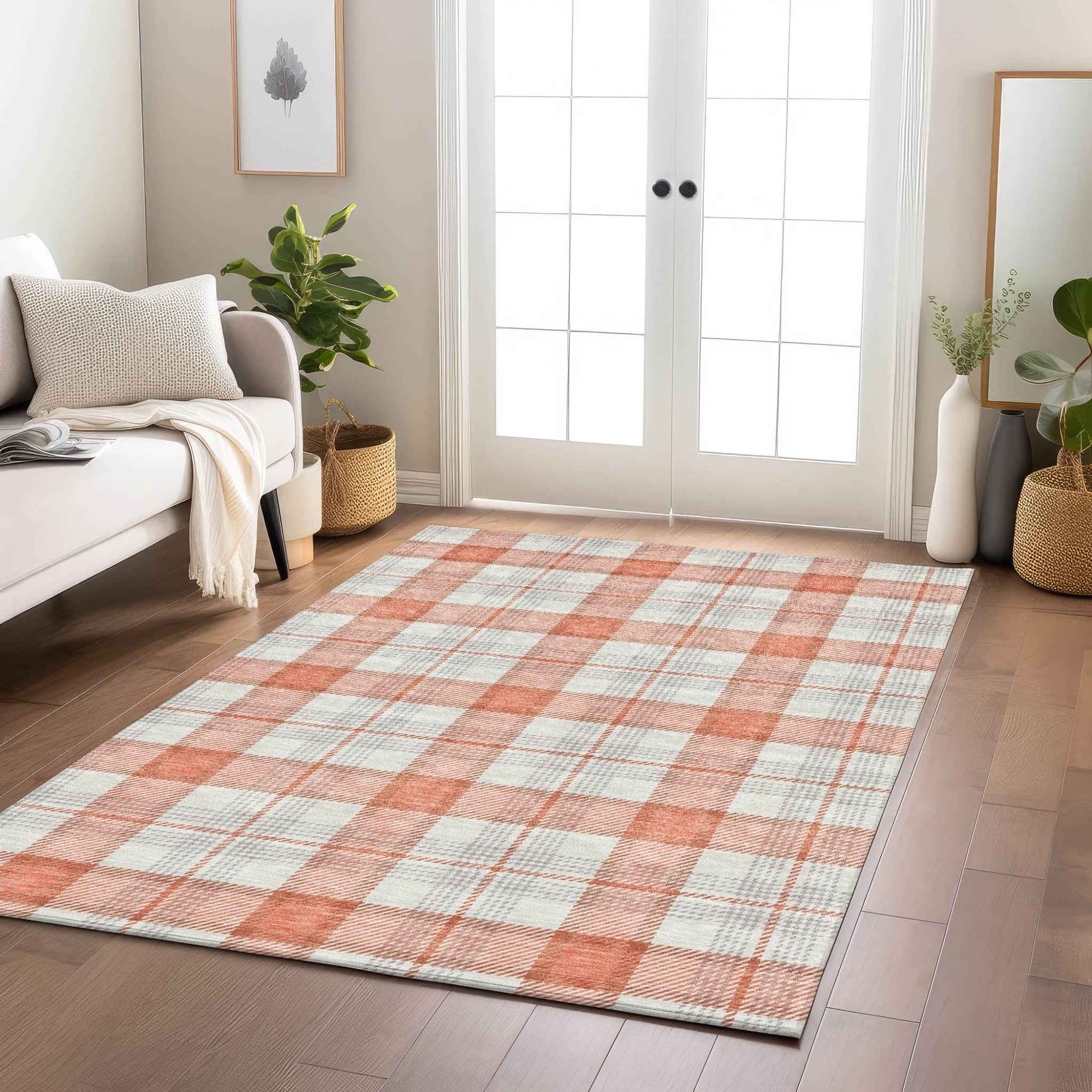 8' X 10' Coral And Beige Plaid Washable Indoor Outdoor Area Rug