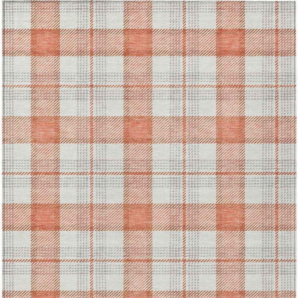 8' X 10' Coral And Beige Plaid Washable Indoor Outdoor Area Rug