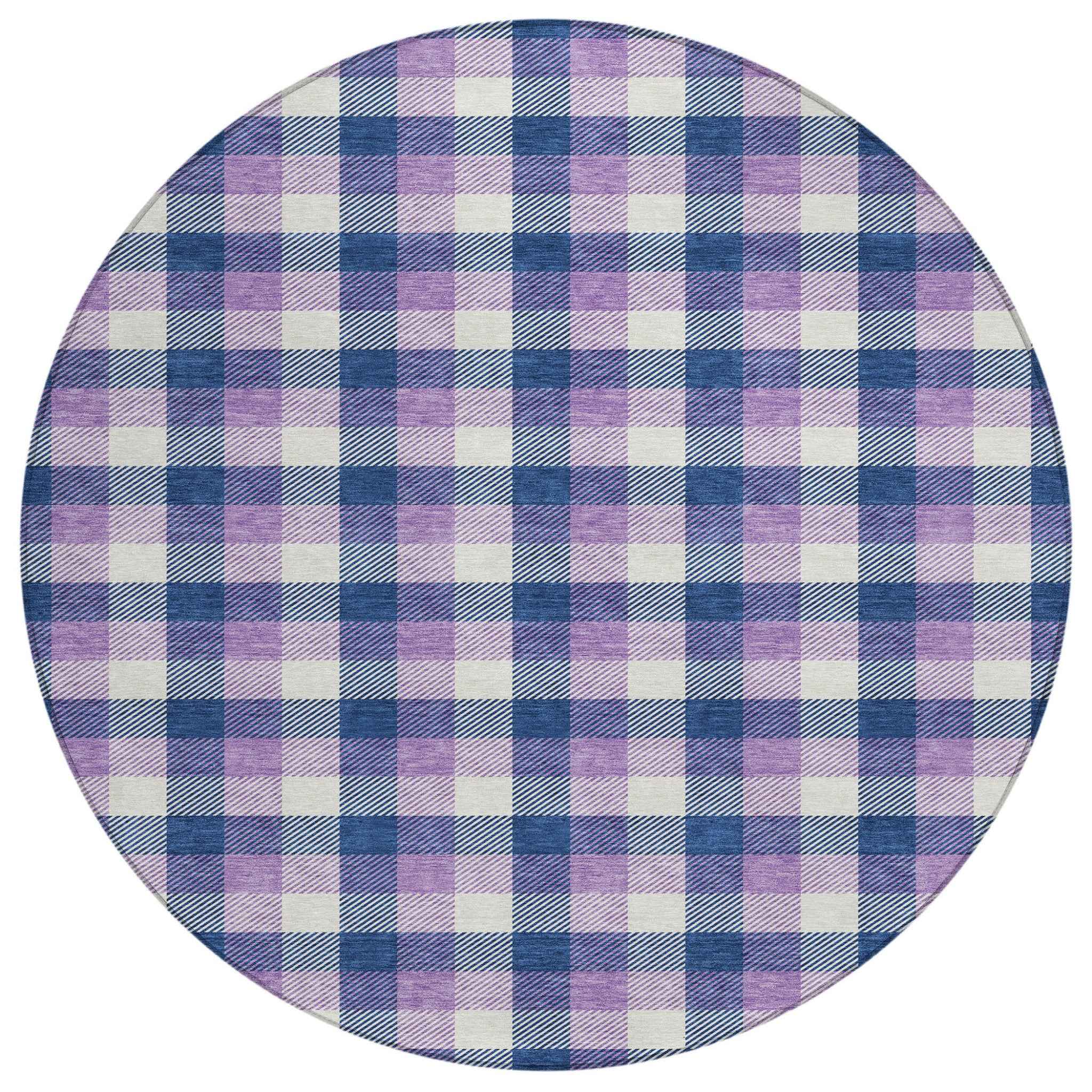 8' Navy Blue Purple And Beige Round Plaid Washable Indoor Outdoor Area Rug