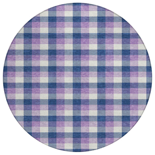 8' Navy Blue Purple And Beige Round Plaid Washable Indoor Outdoor Area Rug