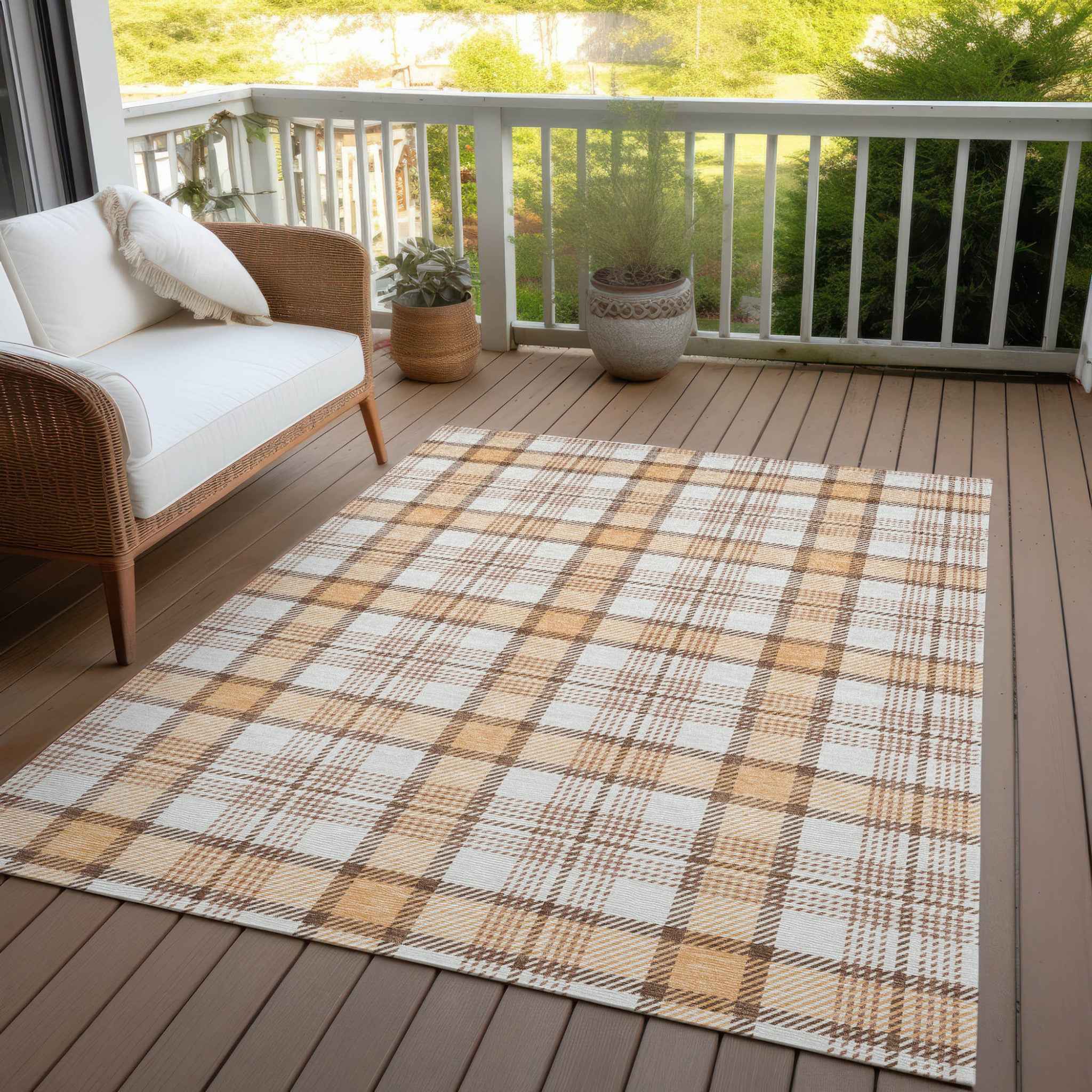 8' X 10' Peach And Beige Plaid Washable Indoor Outdoor Area Rug