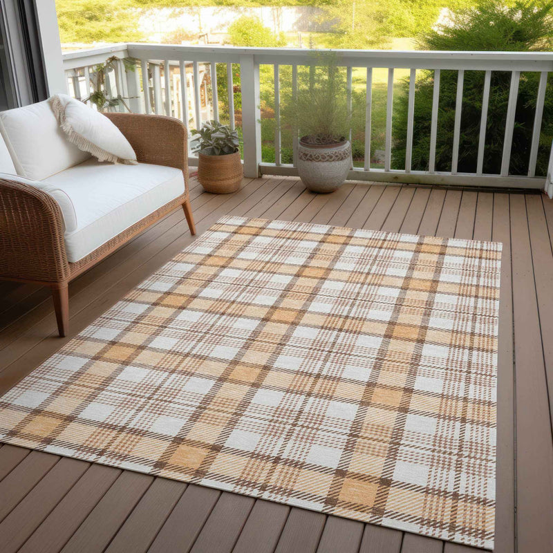 8' X 10' Peach And Beige Plaid Washable Indoor Outdoor Area Rug