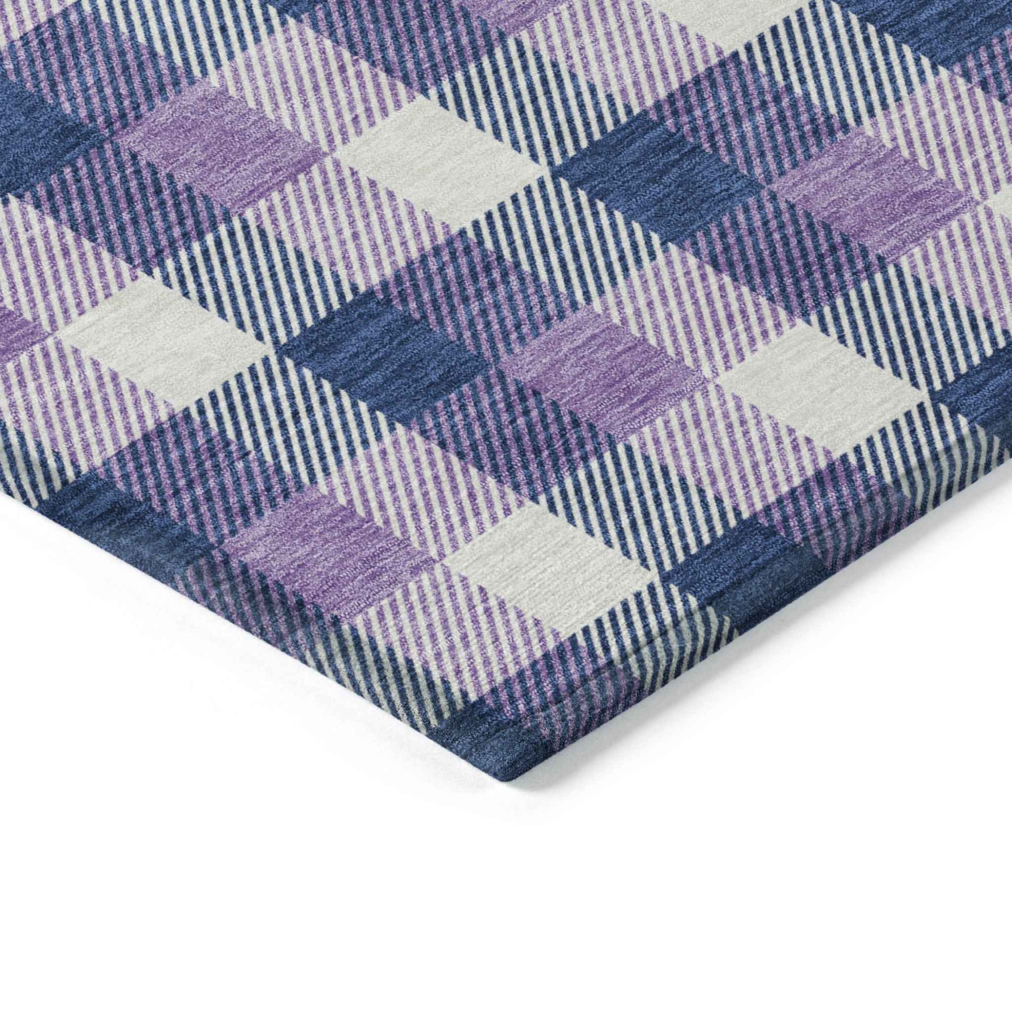 8' Navy Blue Purple And Beige Round Plaid Washable Indoor Outdoor Area Rug