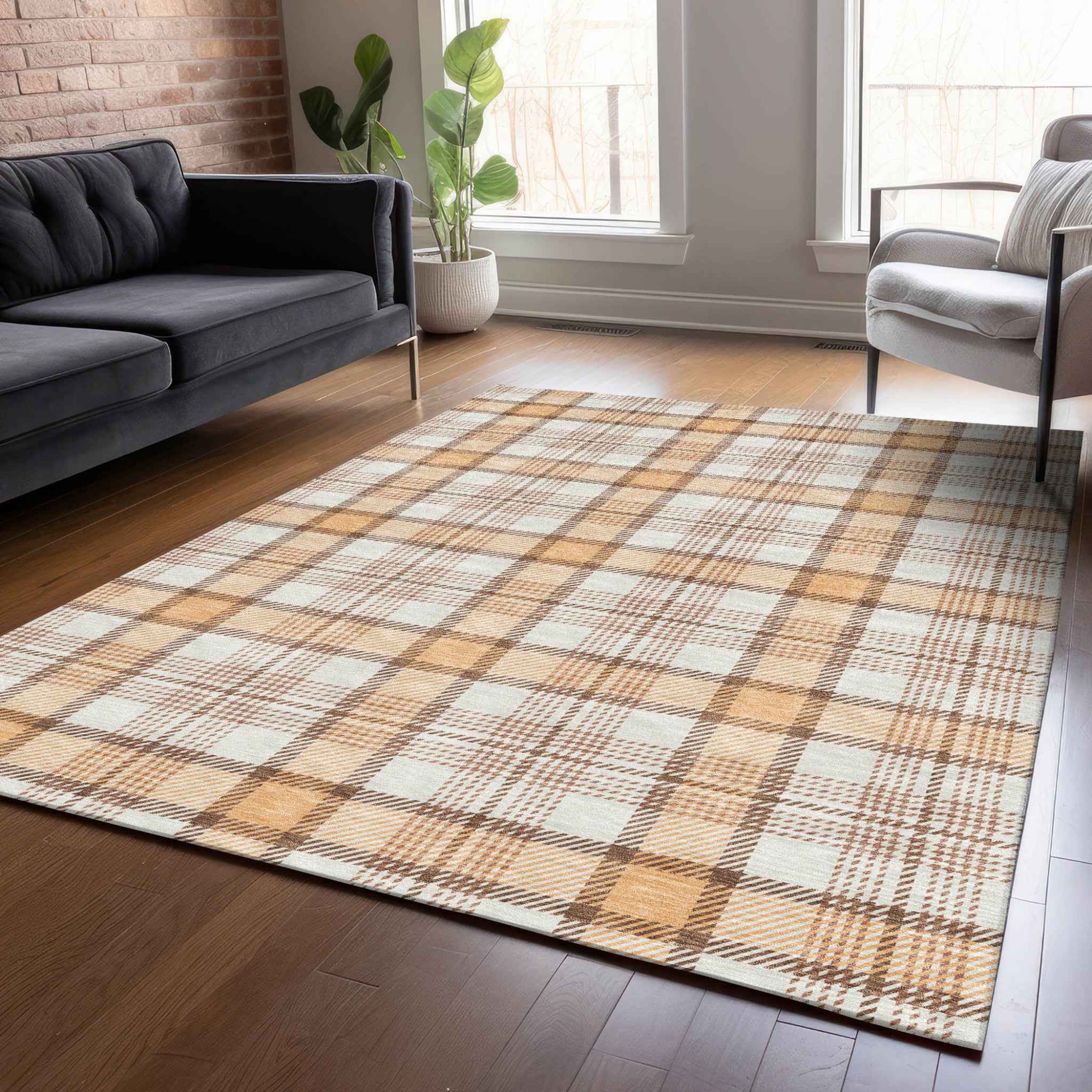 8' X 10' Peach And Beige Plaid Washable Indoor Outdoor Area Rug
