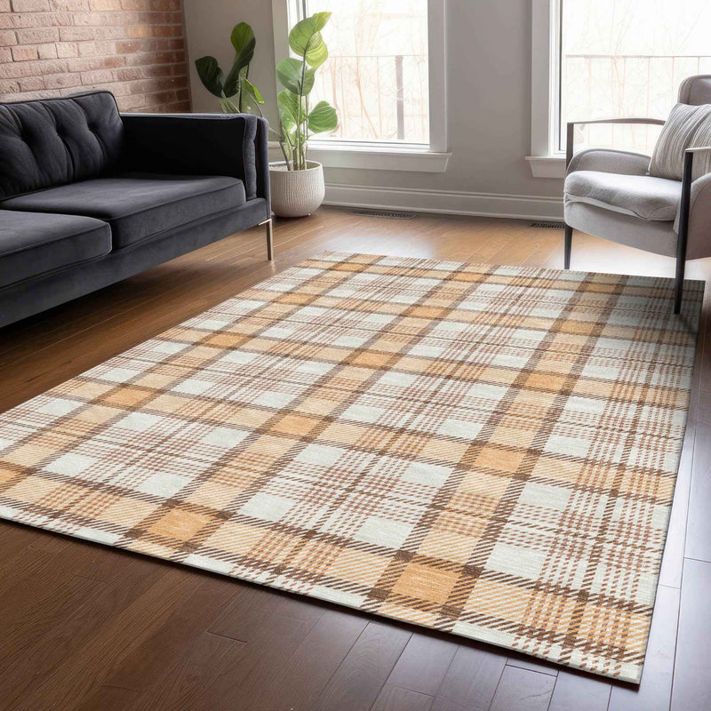 8' X 10' Peach And Beige Plaid Washable Indoor Outdoor Area Rug