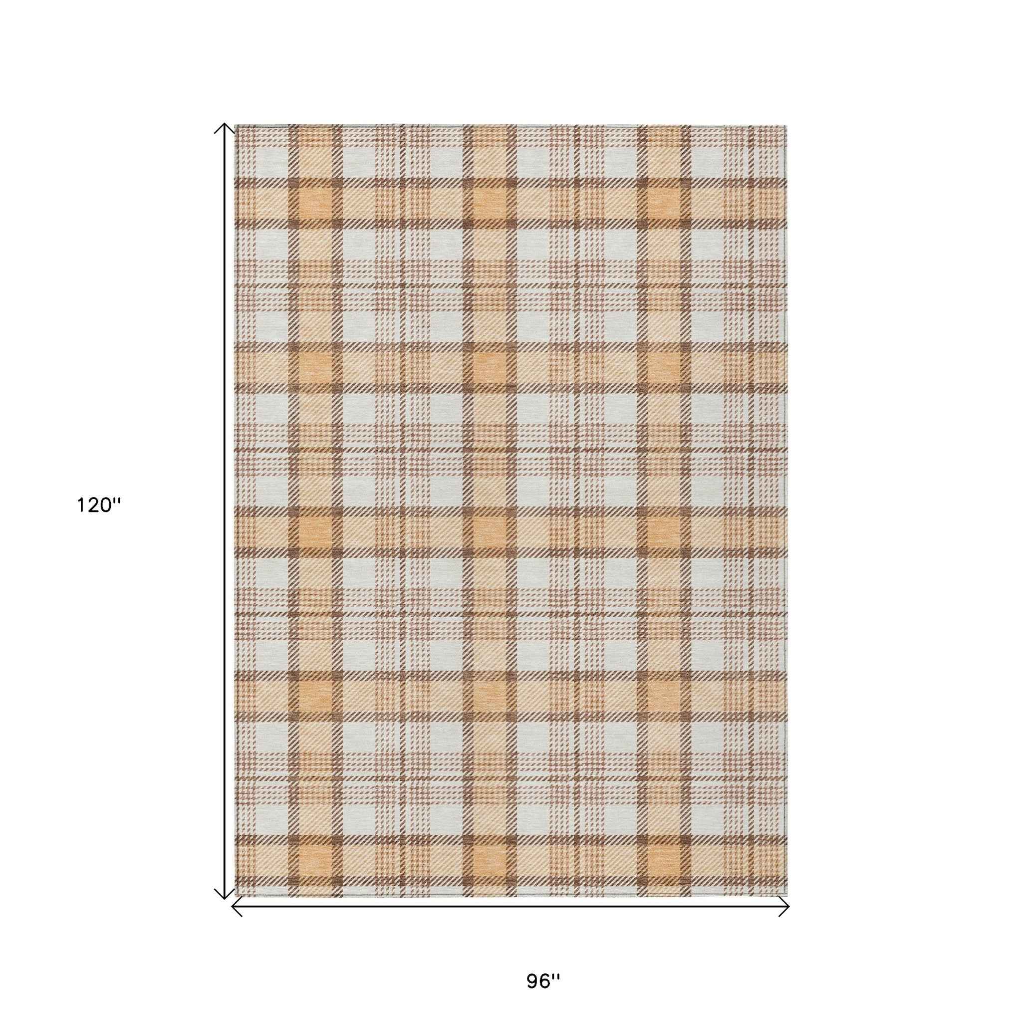 8' X 10' Peach And Beige Plaid Washable Indoor Outdoor Area Rug