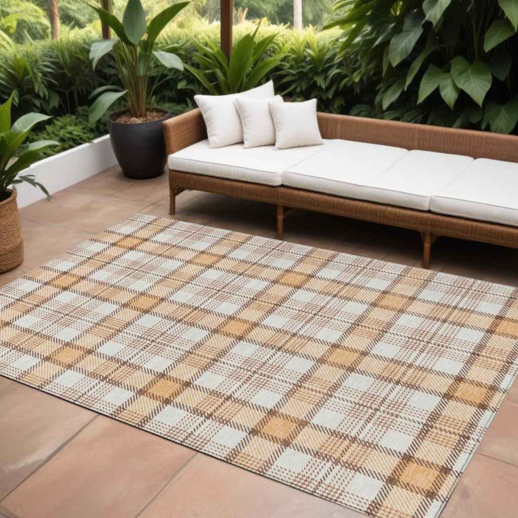 8' X 10' Peach And Beige Plaid Washable Indoor Outdoor Area Rug