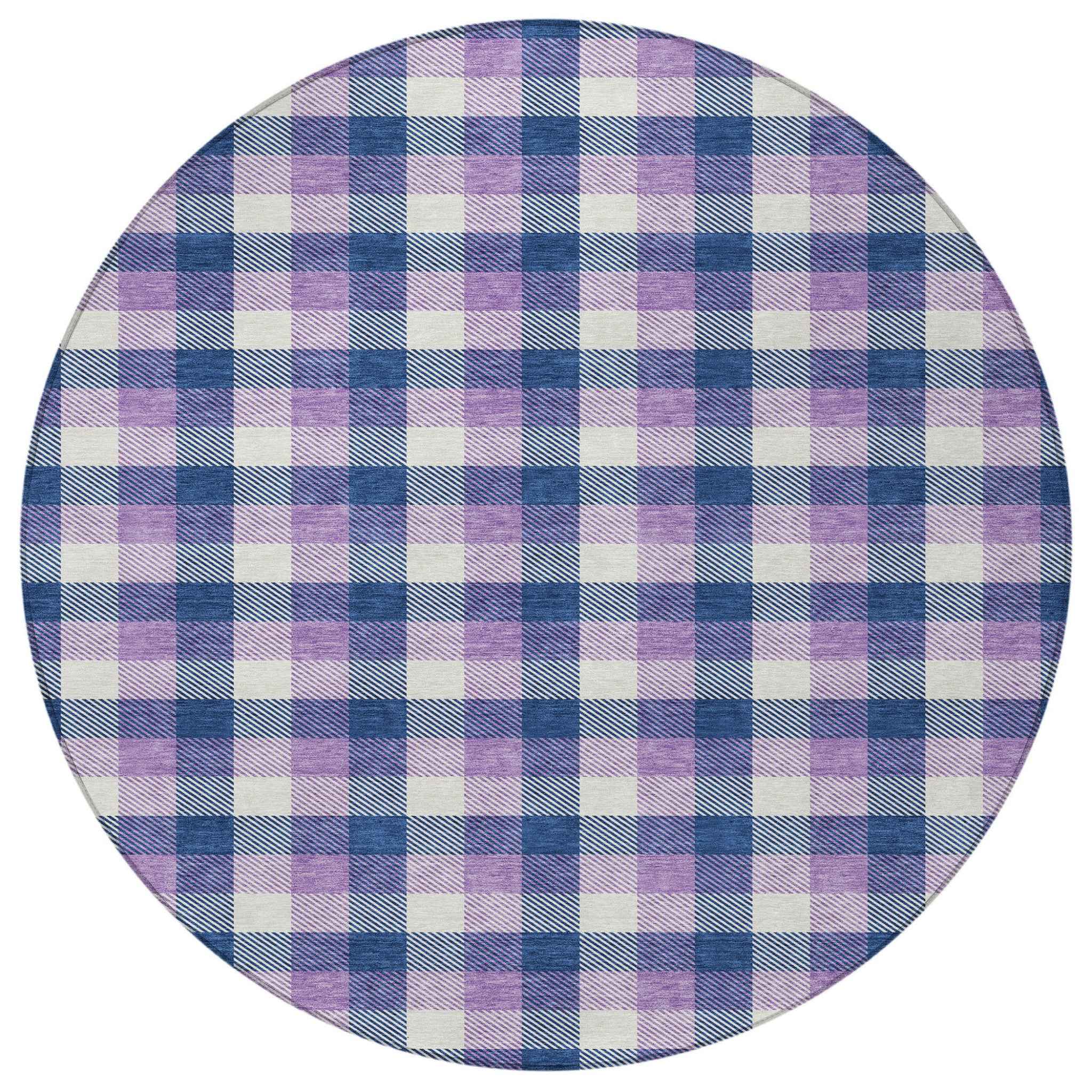 8' Navy Blue Purple And Beige Round Plaid Washable Indoor Outdoor Area Rug