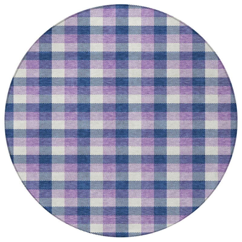 8' Navy Blue Purple And Beige Round Plaid Washable Indoor Outdoor Area Rug