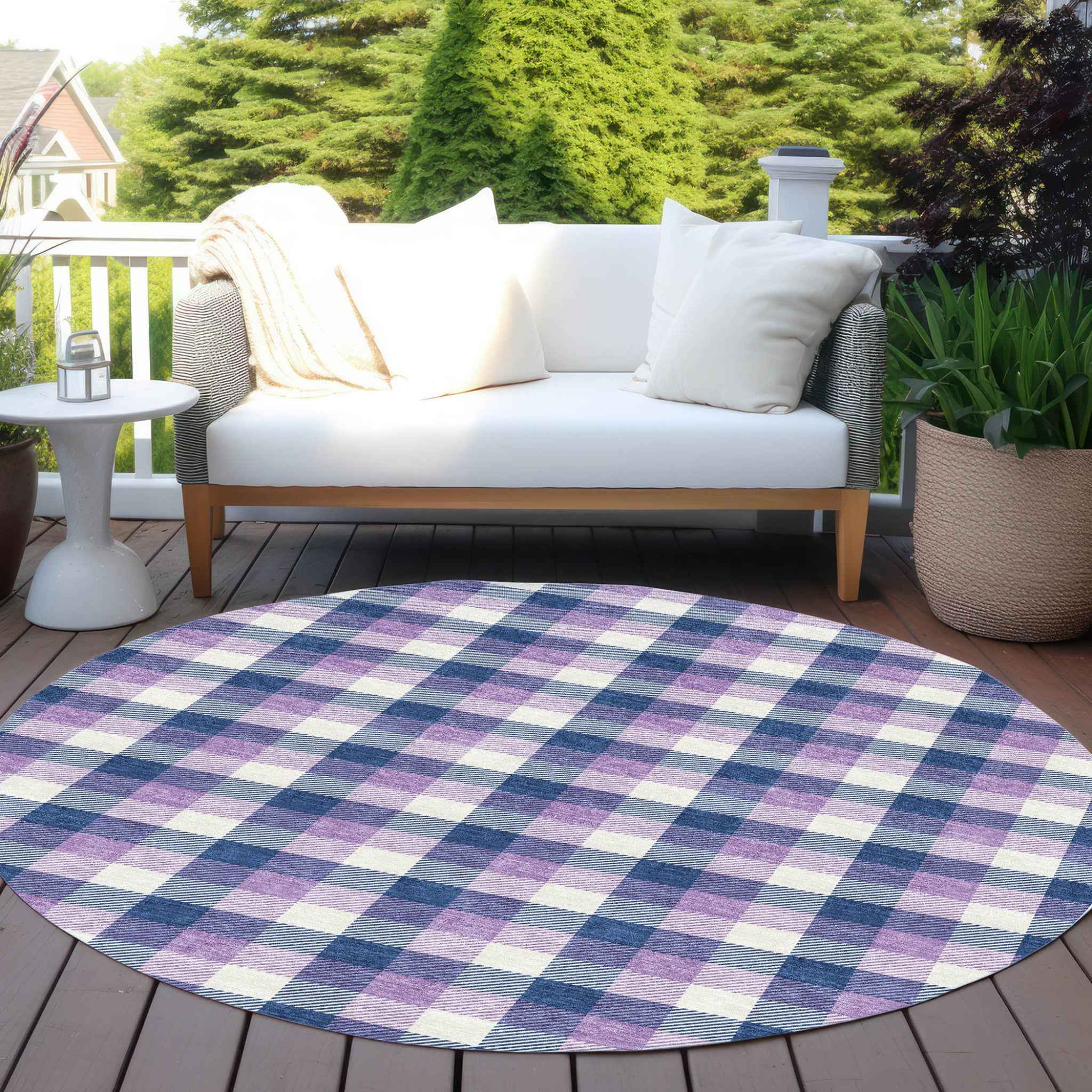 8' Navy Blue Purple And Beige Round Plaid Washable Indoor Outdoor Area Rug