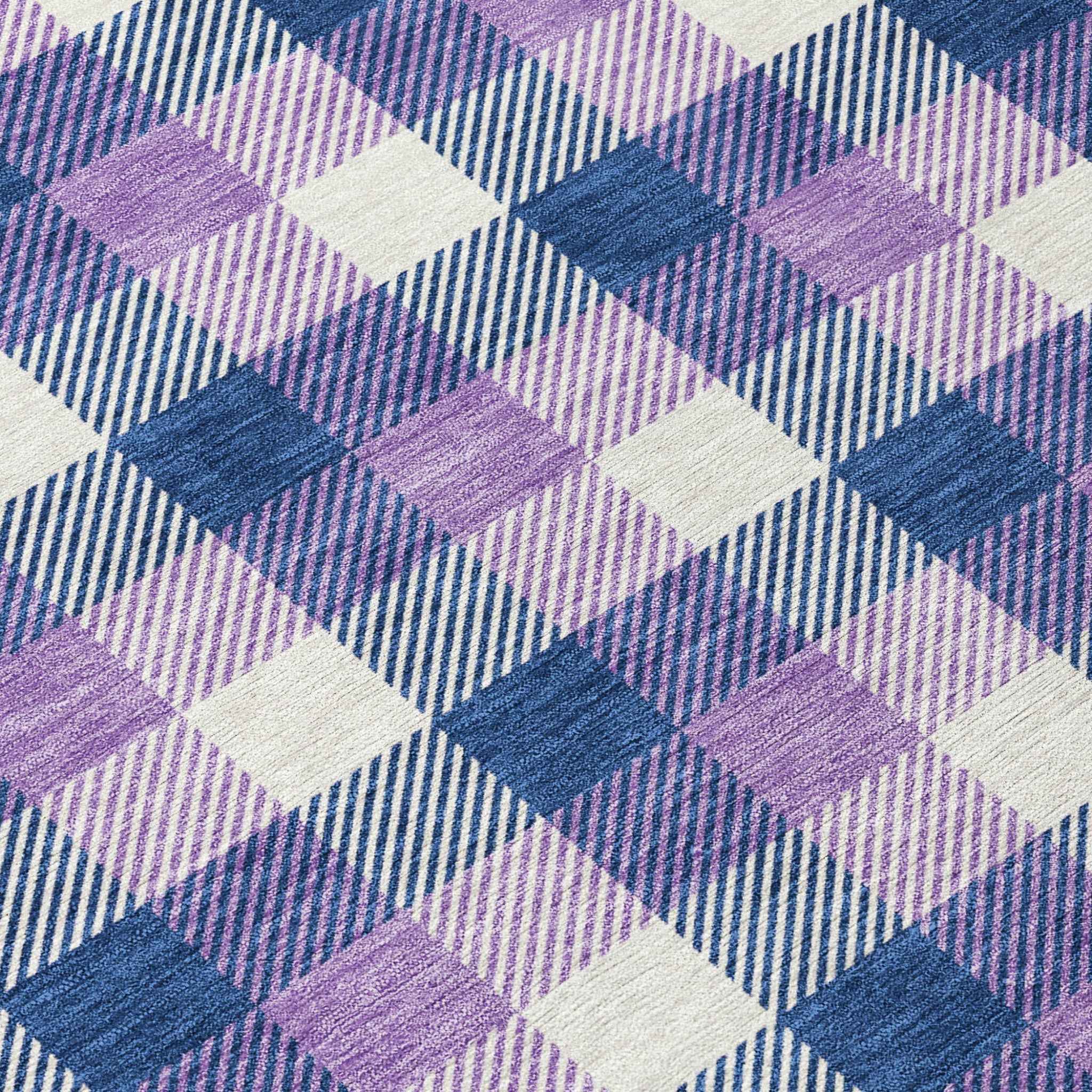 8' Navy Blue Purple And Beige Round Plaid Washable Indoor Outdoor Area Rug