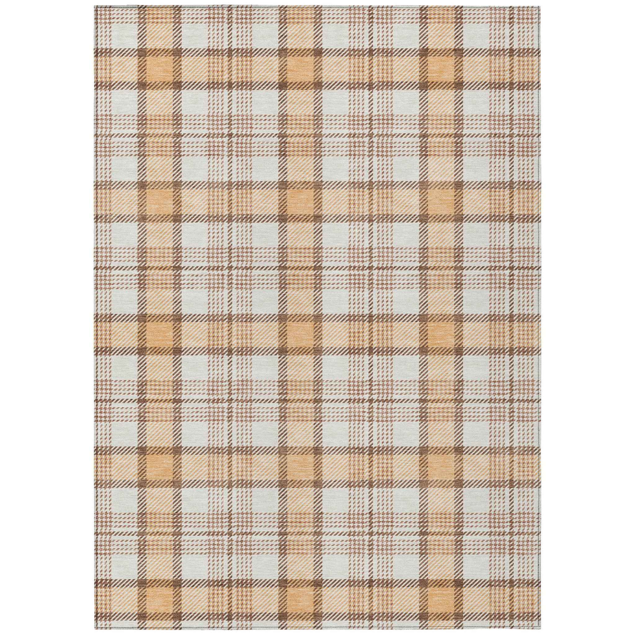 8' X 10' Peach And Beige Plaid Washable Indoor Outdoor Area Rug