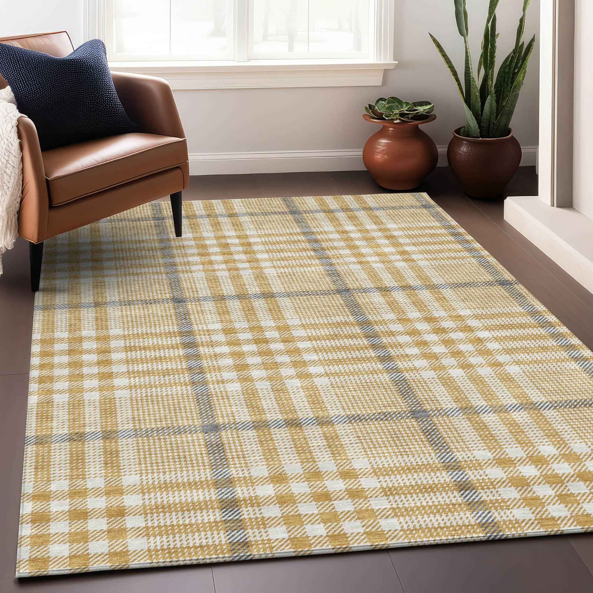 3' X 5' Gold Gray And Beige Plaid Washable Indoor Outdoor Area Rug