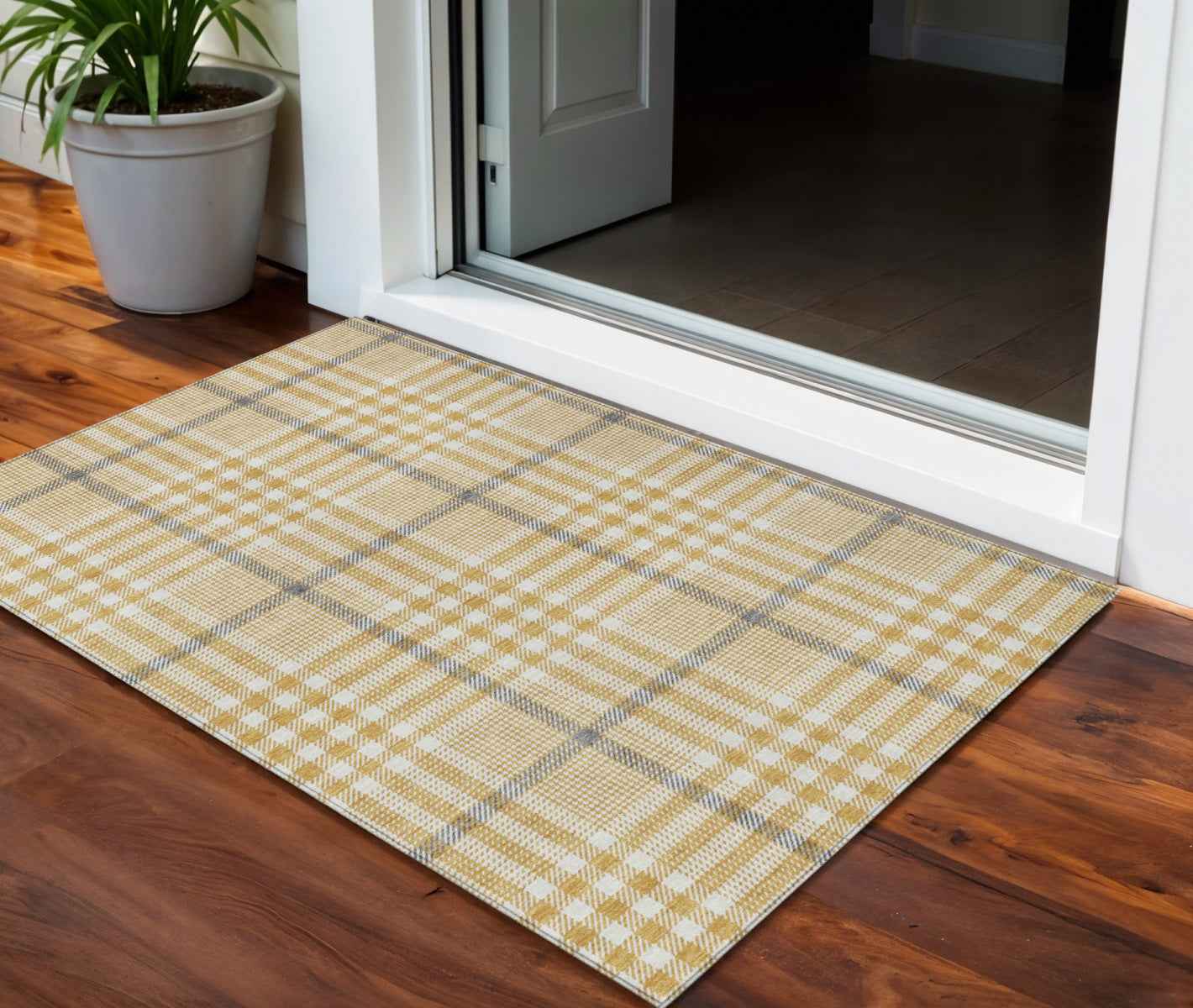 3' X 5' Gold Gray And Beige Plaid Washable Indoor Outdoor Area Rug