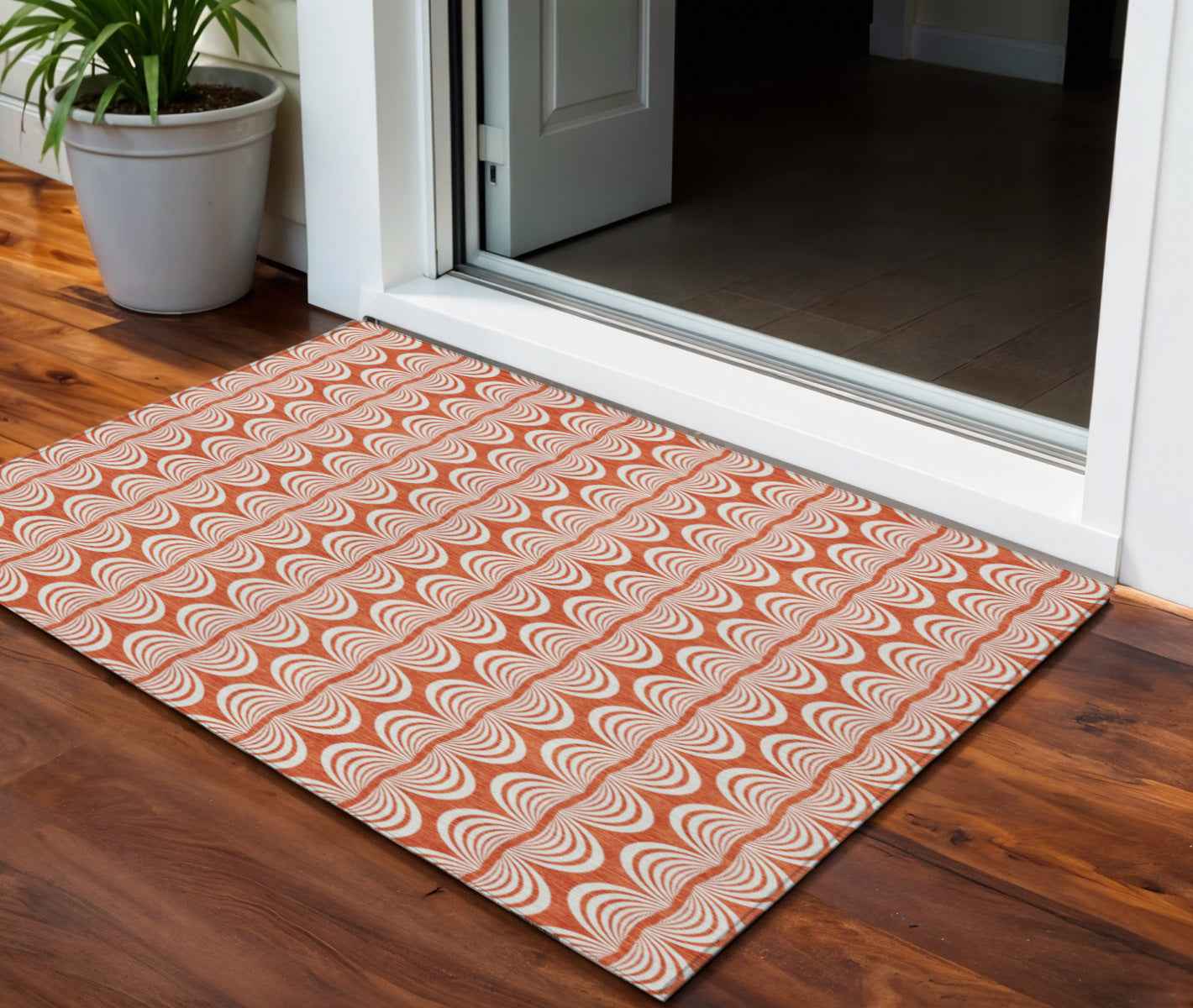 3' X 5' Coral And Beige Ogee Washable Indoor Outdoor Area Rug