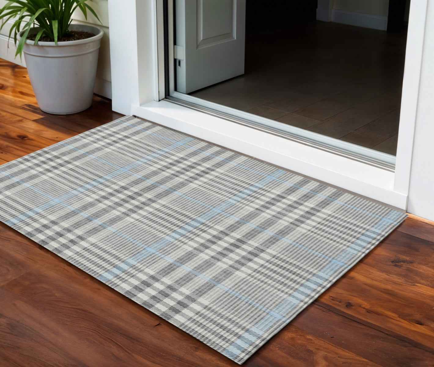3' X 5' Gray Blue And Beige Plaid Washable Indoor Outdoor Area Rug