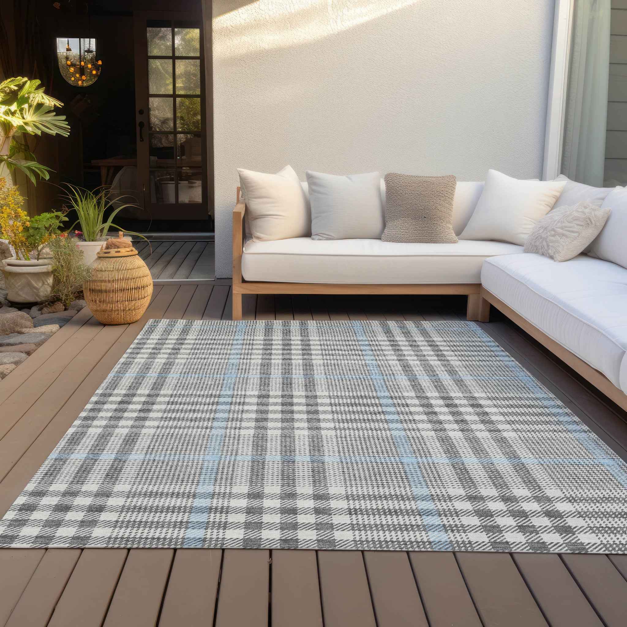 3' X 5' Gray Blue And Beige Plaid Washable Indoor Outdoor Area Rug