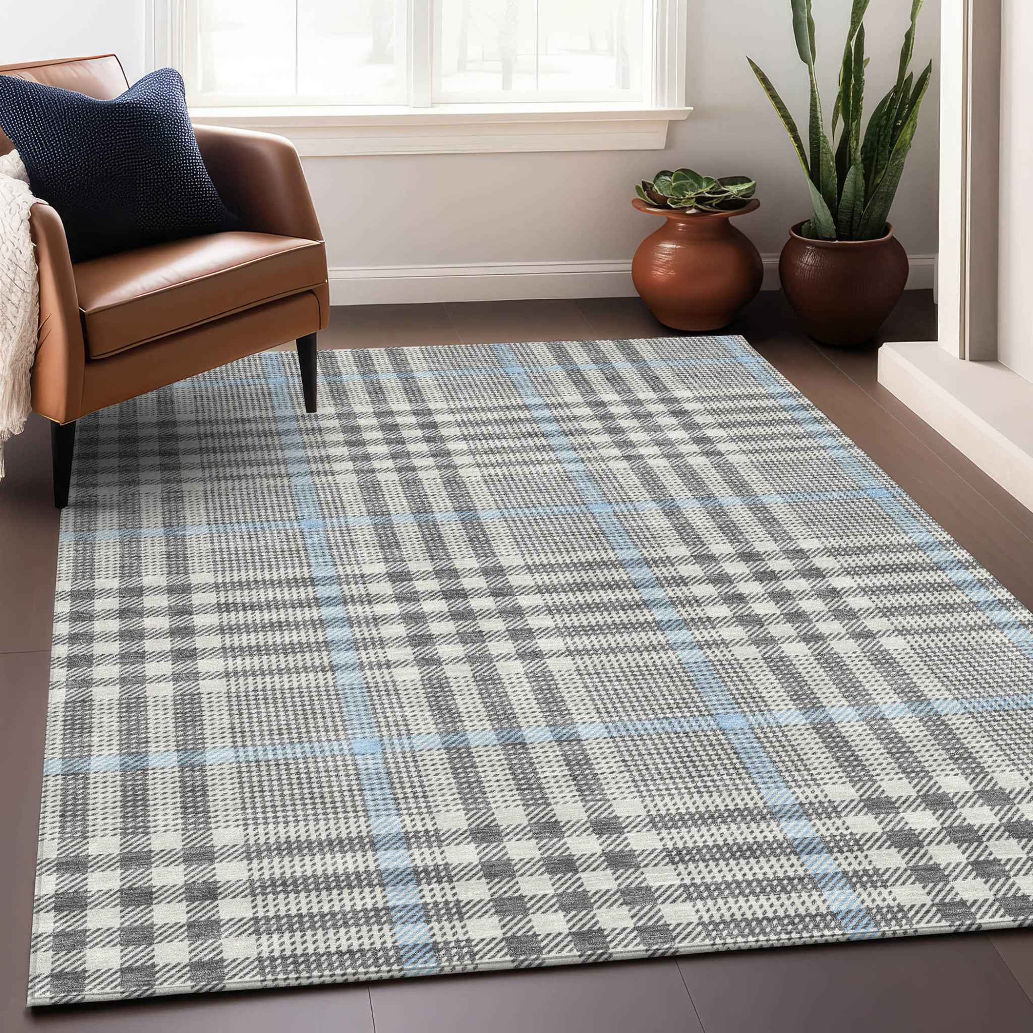 3' X 5' Gray Blue And Beige Plaid Washable Indoor Outdoor Area Rug